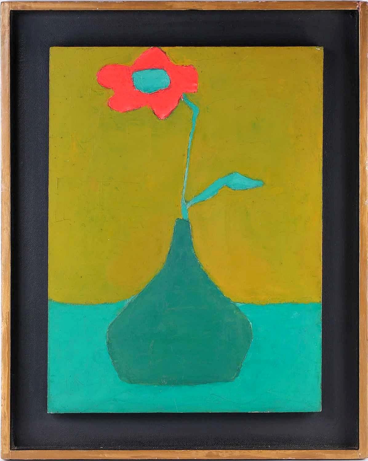 Still-Life Painting Morris Chackas - Fleur rouge dans un vase - Peinture à l'huile sur panneau de nature morte britannique moderne des années 1970