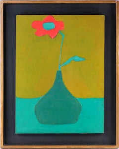 Red Flower in a Vase - 1970's Modern British Oil on Panel Still Life Painting