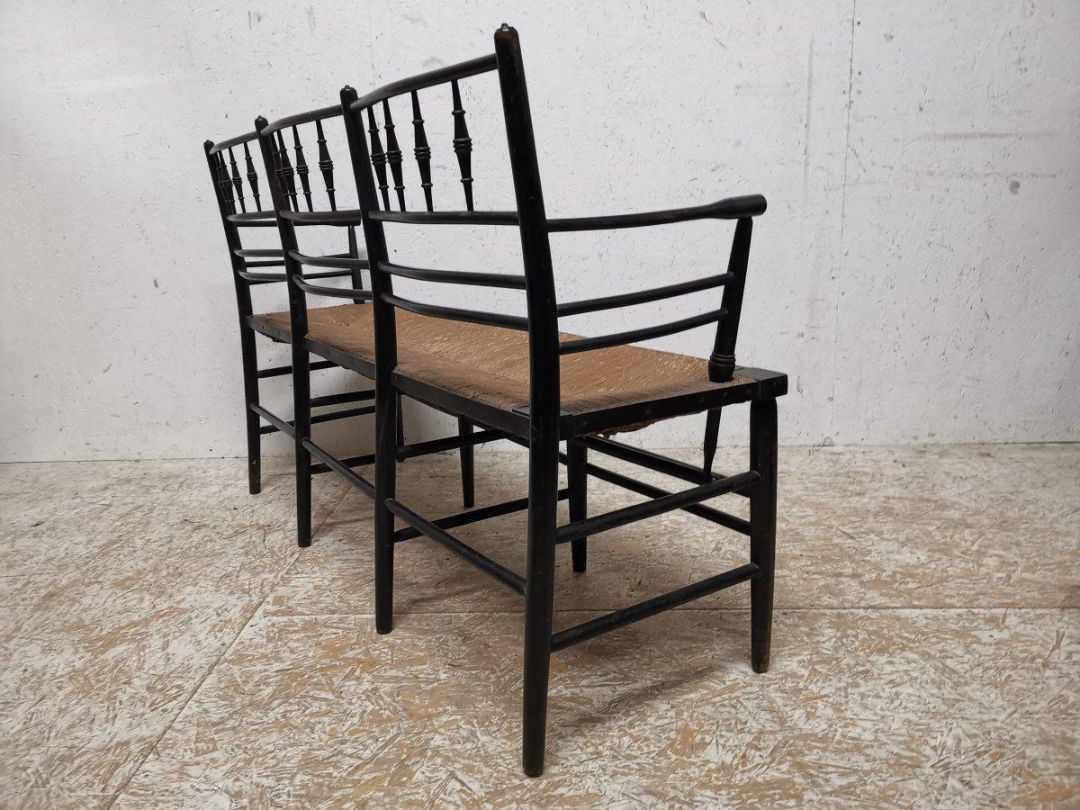 Morris & Co. an Arts & Crafts Museum Quality Ebonised Sussex Three-Seat Settee In Good Condition In London, GB