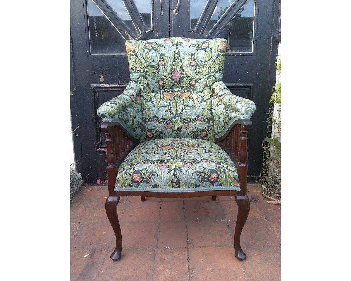 English Morris & Co George Jack, Aesthetic Movement Mahogany Armchair in a Morris Fabric