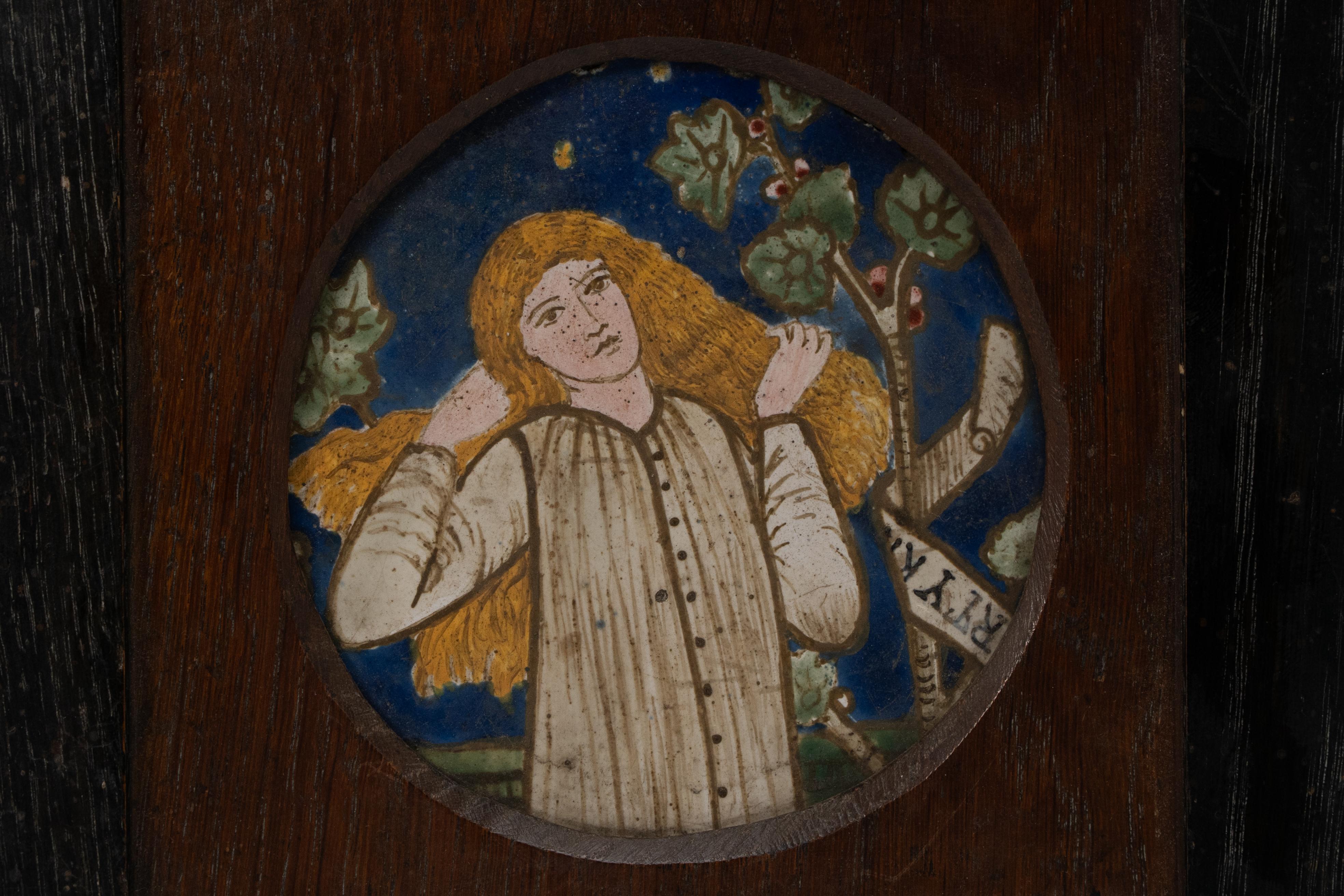 Edward Burne Jones for Morris & Co, designed in 1861-1862. A rare hand-painted tile depicting Chaucer's Legend of Good Wimmen. The Fiberite packing we found inside the frame probably dates back to the mid-1920s or early 1930s when it was likely to