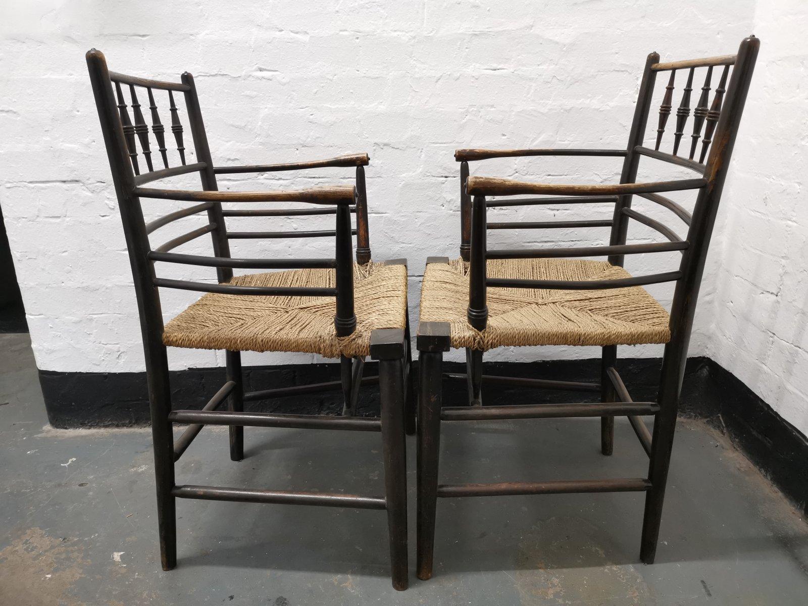 Ebonized Morris & Co Philip Webb a Classic Pair of English Arts & Crafts Sussex Armchairs