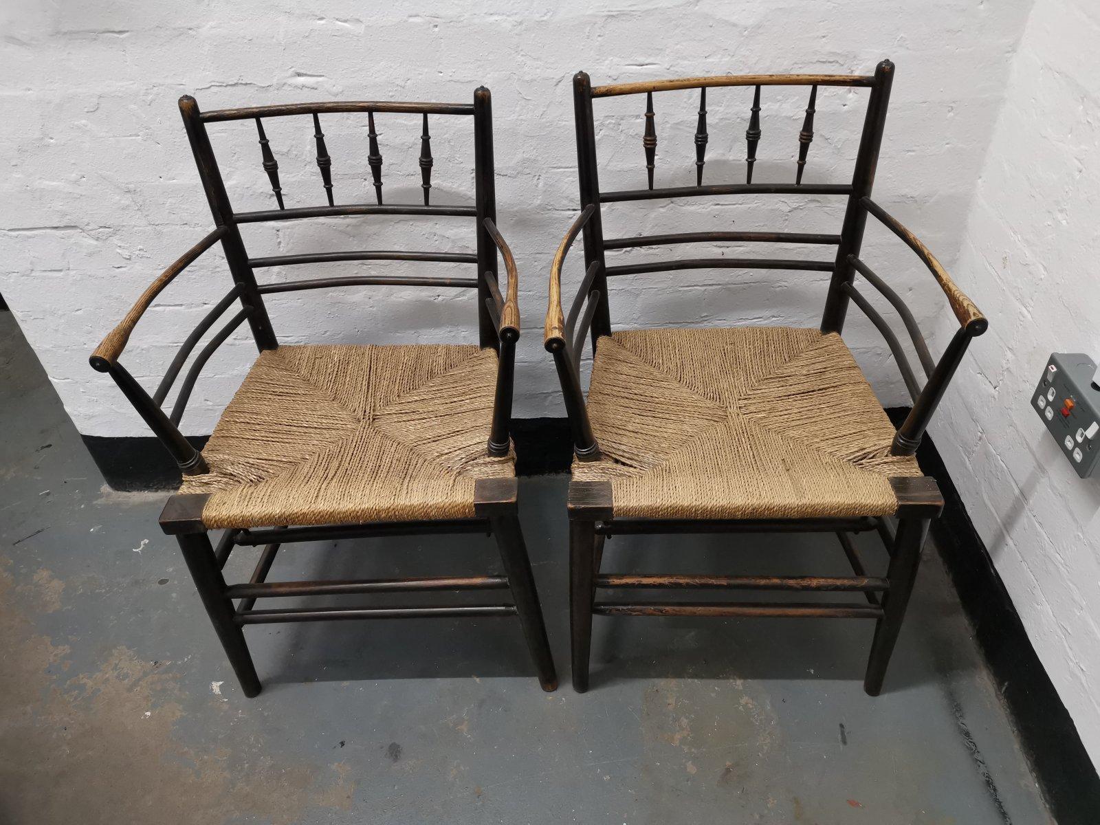 19th Century Morris & Co Philip Webb a Classic Pair of English Arts & Crafts Sussex Armchairs