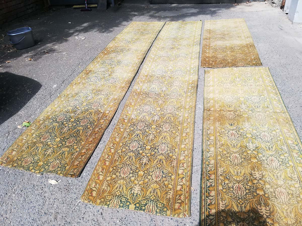 Morris & Co. possibly made by J.R. Burrows & Co. in America.
Four lengths of carpet made for hallway, staircase or walkway runners.
Measures:
Width of all four carpets are 26.75 inches
Length 154.5 inches
Length 148 inches
Length 79.5