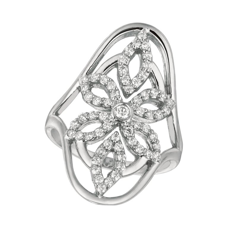 Bague Fleur En Or Blanc 14 Carats Avec Diamants Naturels - Taille 47, 7.05g, Neuf Avec écrin