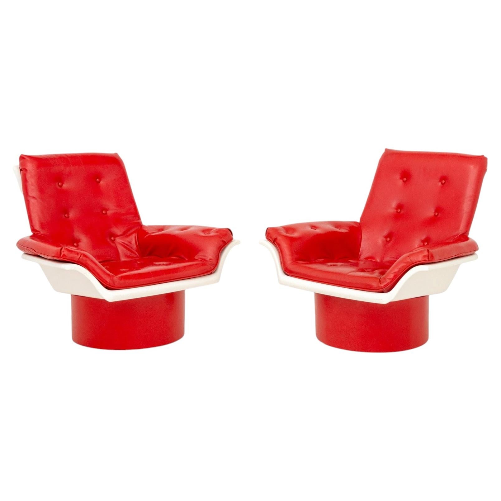 Pair of Morris Futorian "Space Age" Lounge Chairs, With Red Vinyl Upholstery
