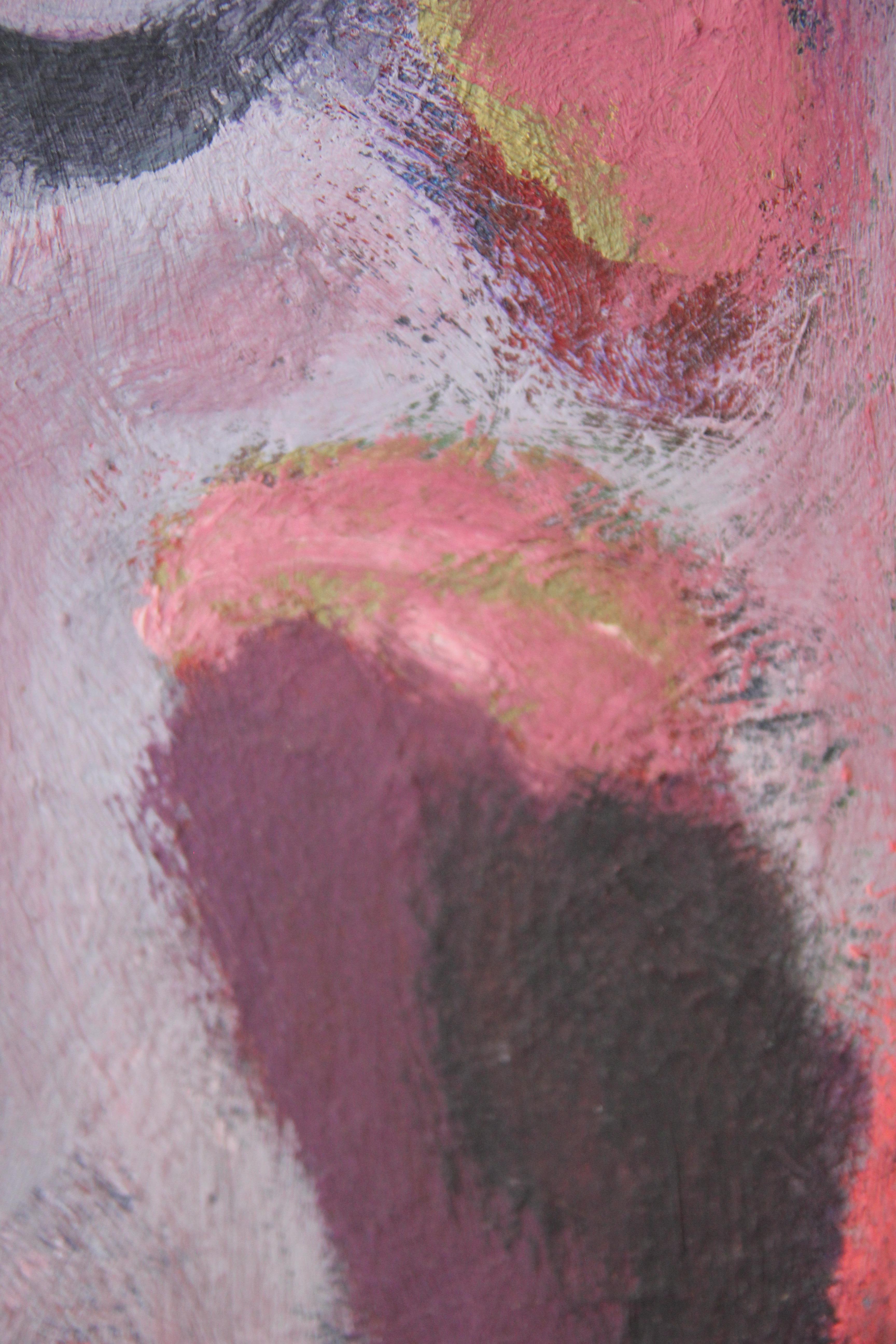 Peinture abstraite de Morris Gluckman représentant une ombre noire tenant un objet rose. 

Biographie de l'artiste : Morris Gluckman est né en 1894 à Kiev, en Russie. Il était un artiste actif à New York et était connu pour ses peintures de paysages