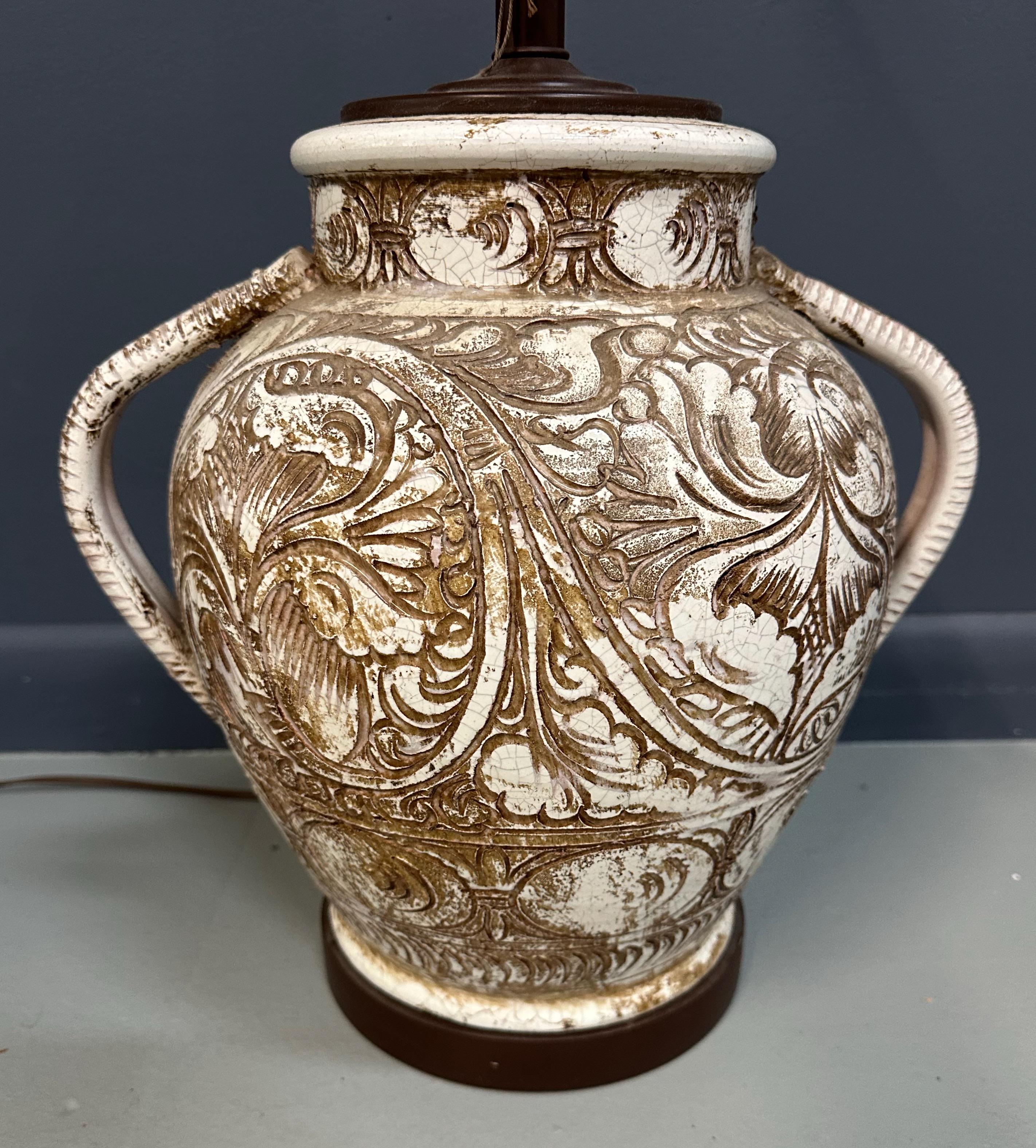 Mid-Century Modern Morris Greenspan Ceramic Table Lamp with Ornamental Relief Detailing Mid Century For Sale