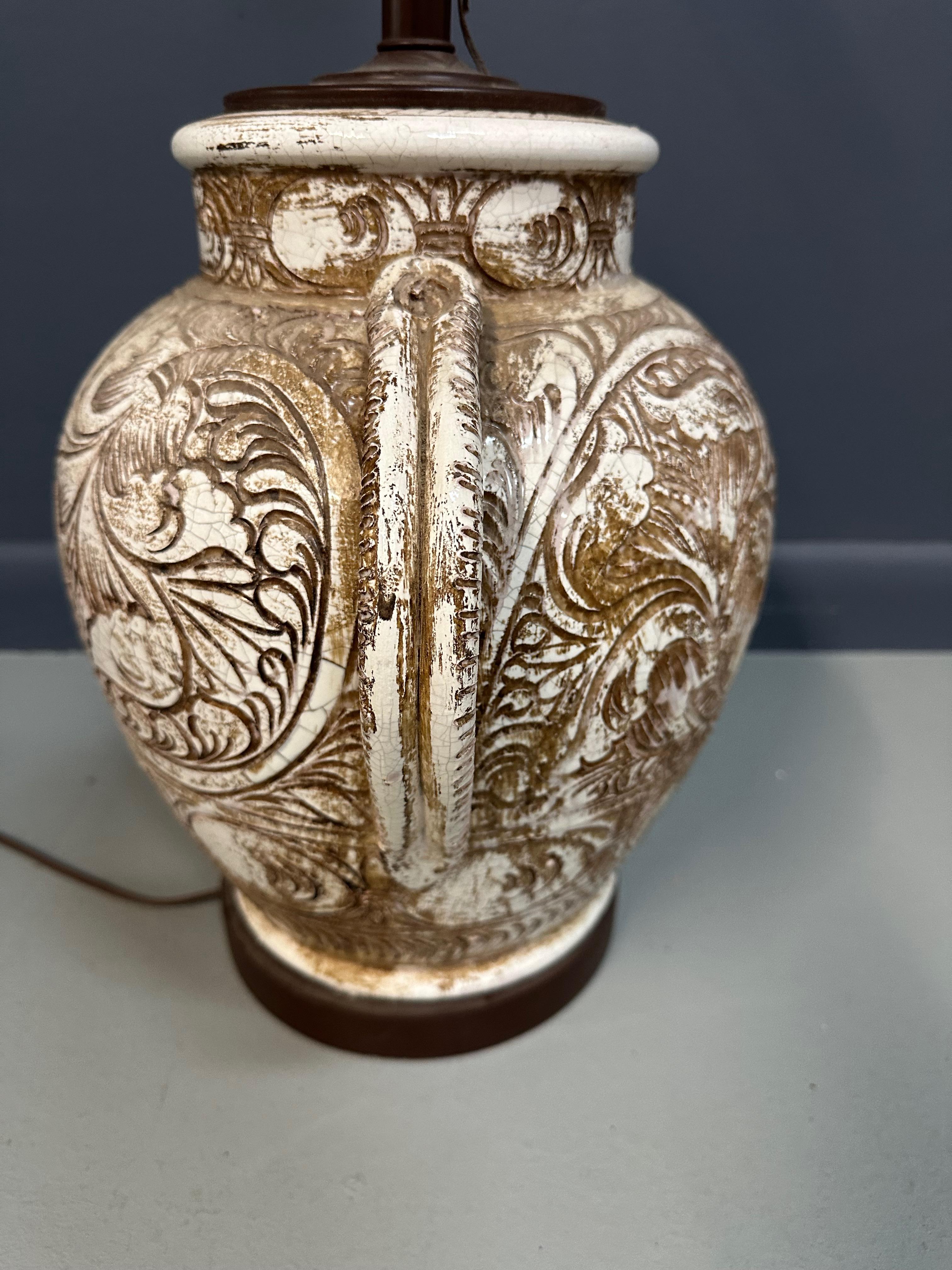 North American Morris Greenspan Ceramic Table Lamp with Ornamental Relief Detailing Mid Century For Sale