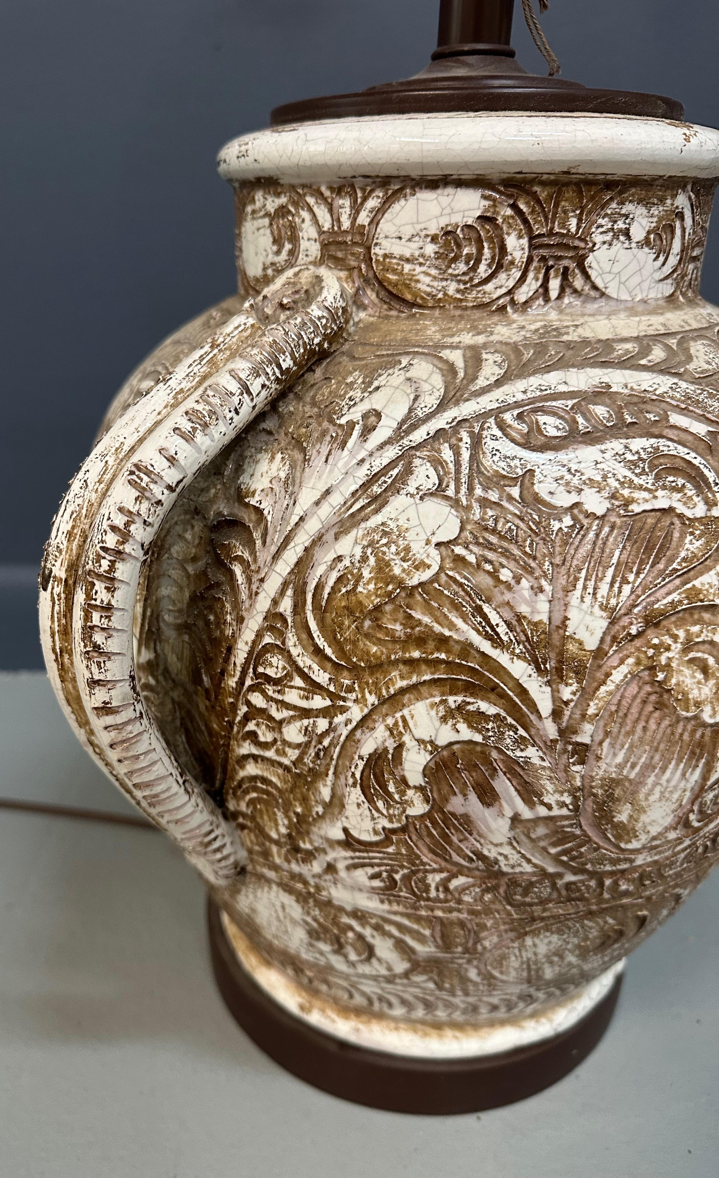 Morris Greenspan Ceramic Table Lamp with Ornamental Relief Detailing Mid Century In Good Condition For Sale In Philadelphia, PA
