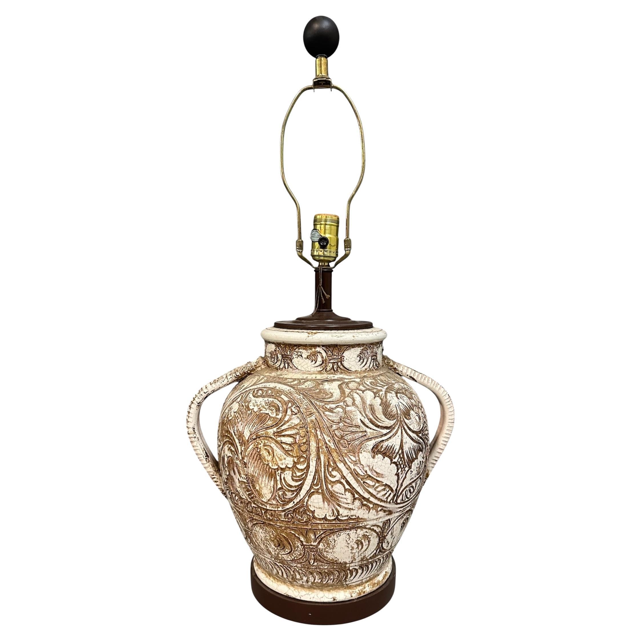 Morris Greenspan Ceramic Table Lamp with Ornamental Relief Detailing Mid Century For Sale