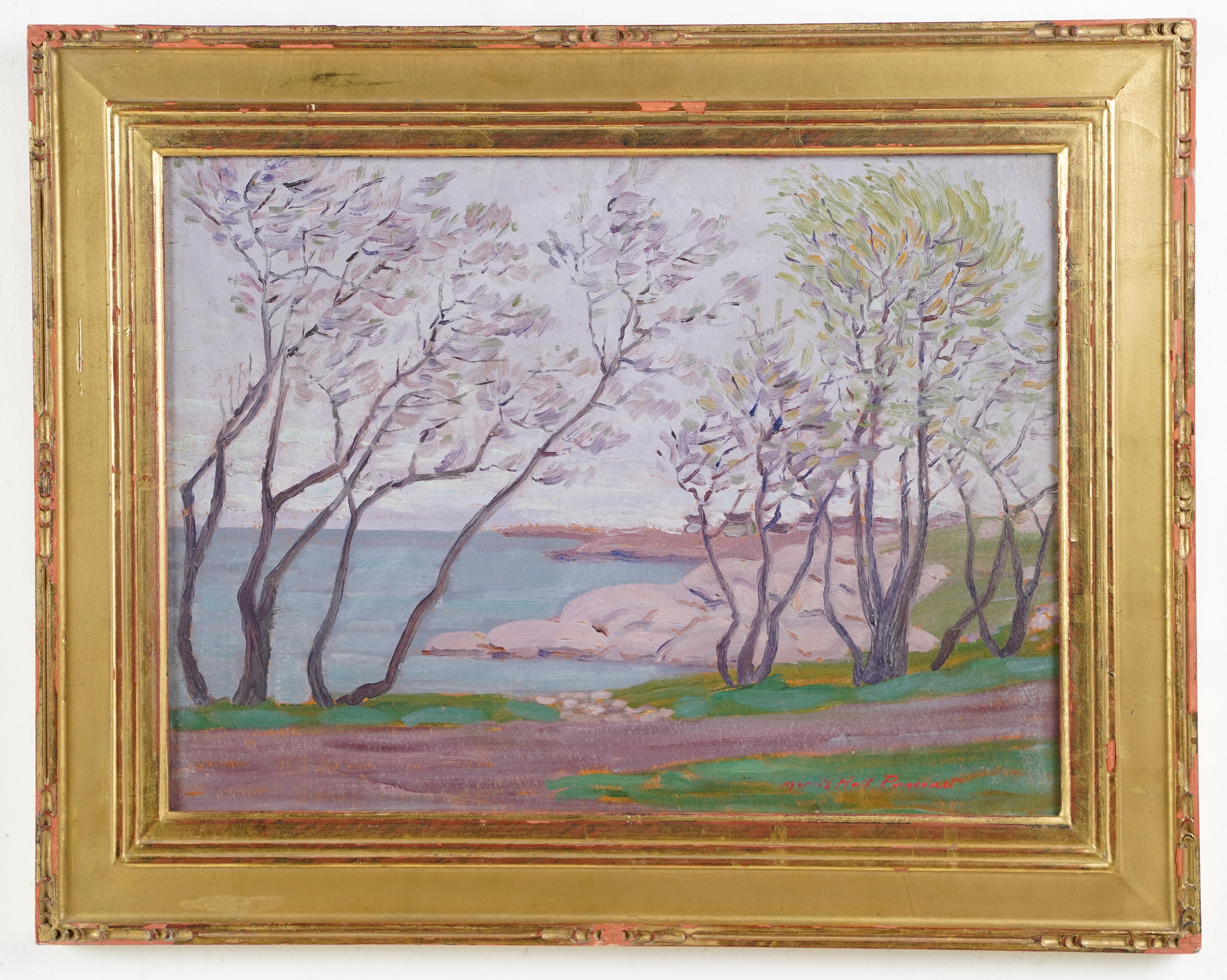  Antique American School Signed Gold Framed Impressionist Coastal Oil Painting - Brown Landscape Painting by Morris Hall Pancoast