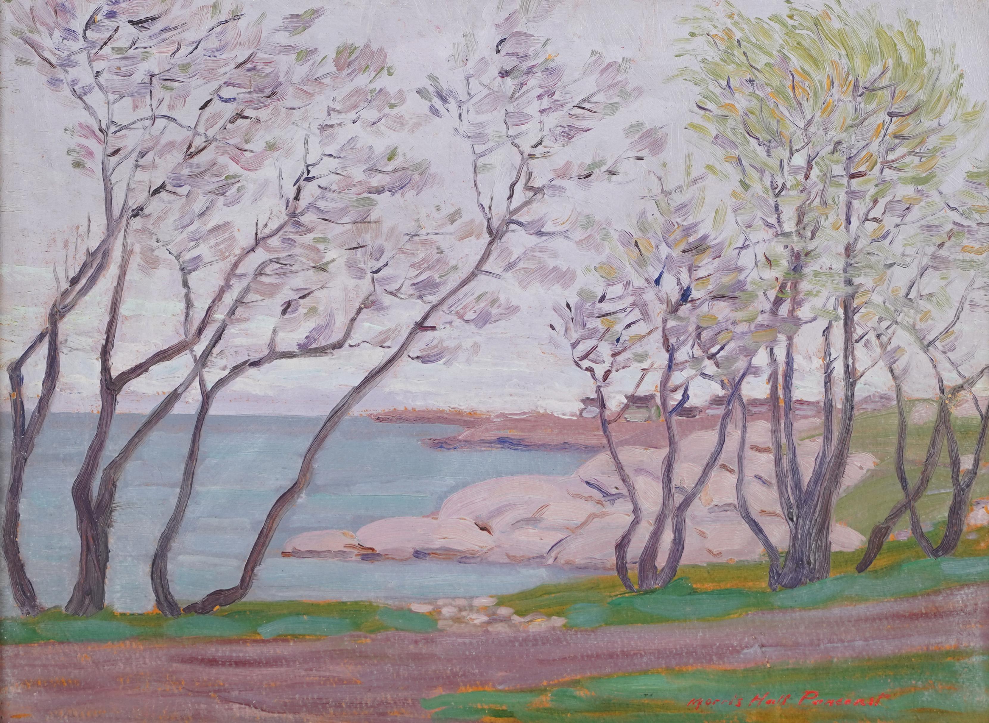 Antico dipinto ad olio costiero impressionista firmato dalla scuola americana e incorniciato in oro - Landscape Painting Marrone di Morris Hall Pancoast