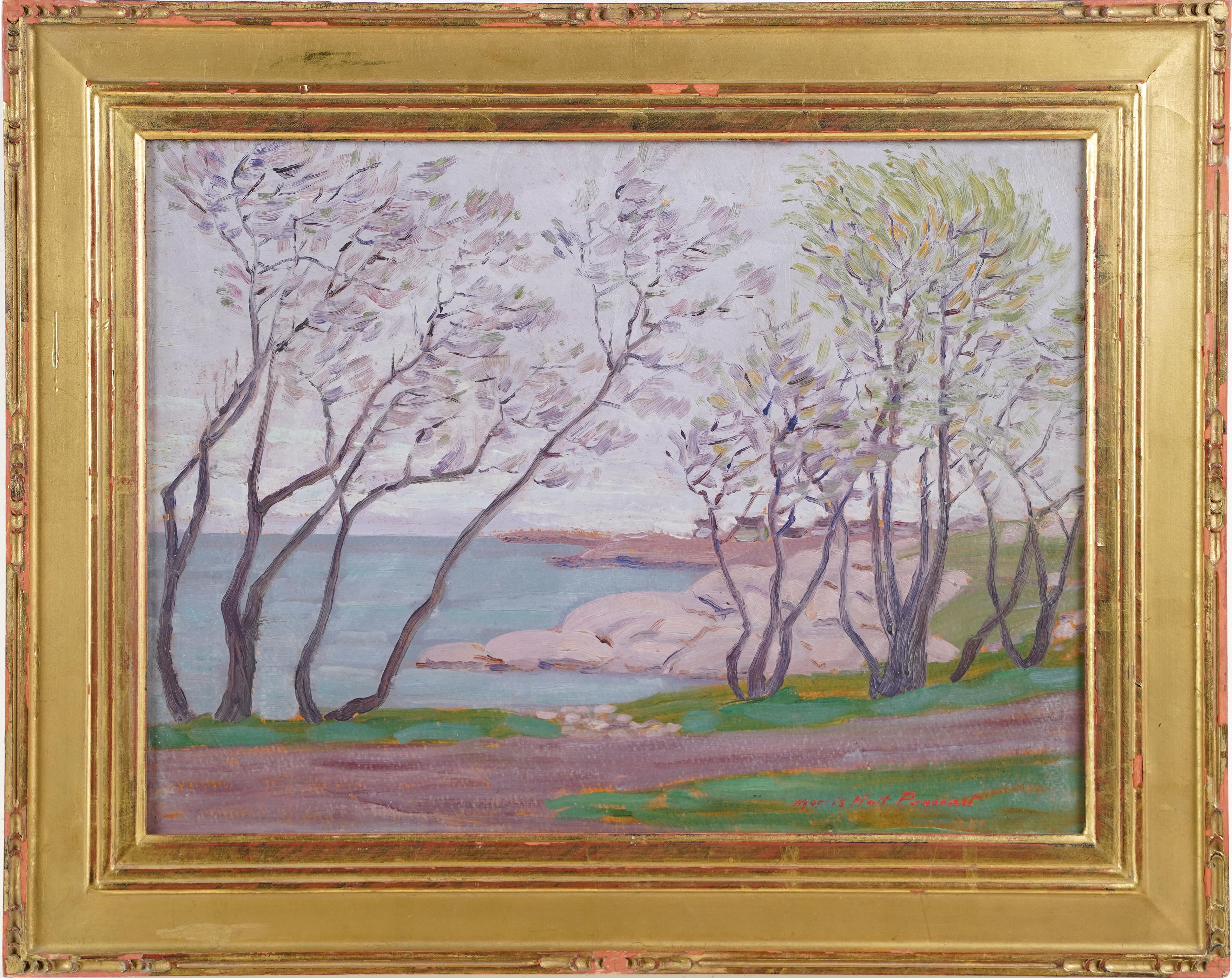 Landscape Painting di Morris Hall Pancoast - Antico dipinto ad olio costiero impressionista firmato dalla scuola americana e incorniciato in oro