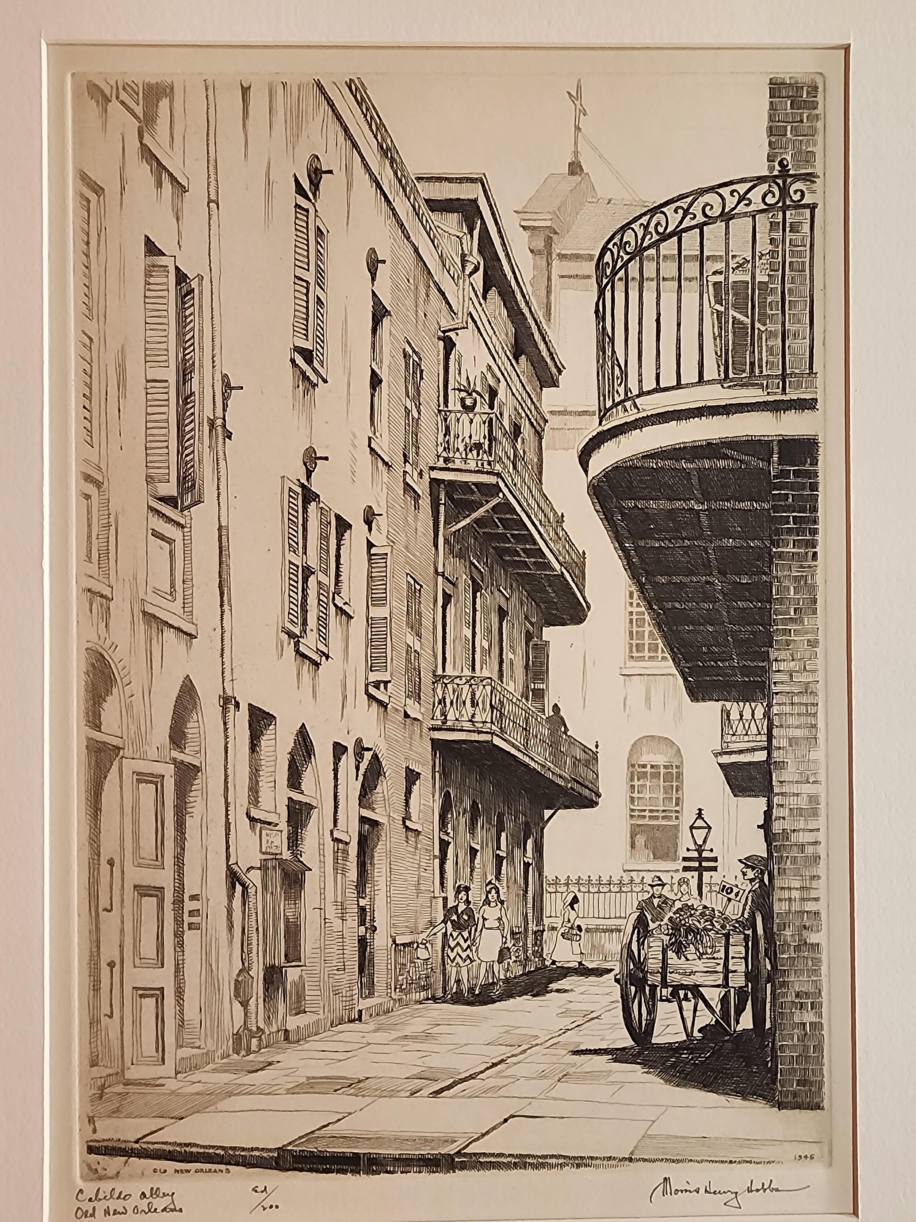 An etching on paper by Morris Henry Hobbs of Cabilio Alley in Old New Orleans.
This impression is richly inked and in excellent condition with large margins.