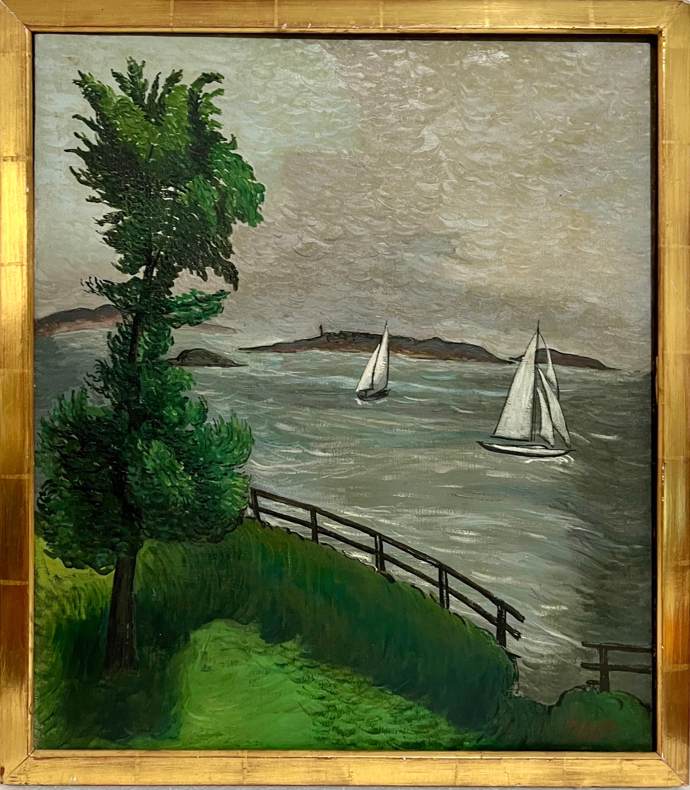 1930 Pittura a olio con barche a vela lato mare Artista modernista americano WPA Morris Kantor in vendita 2