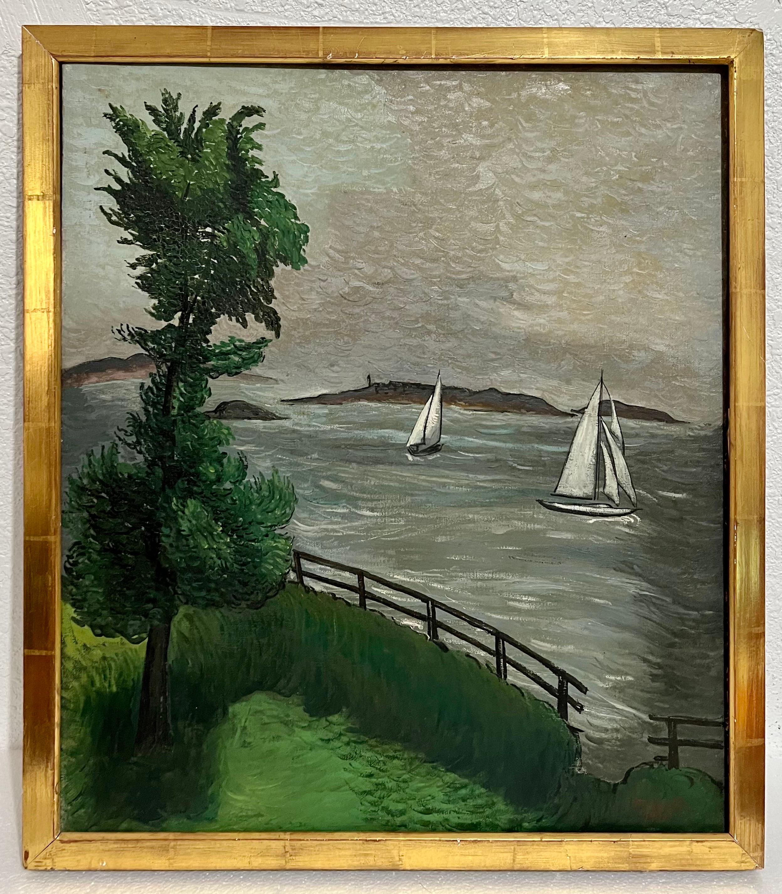 1930 Pittura a olio con barche a vela lato mare Artista modernista americano WPA Morris Kantor in vendita 3
