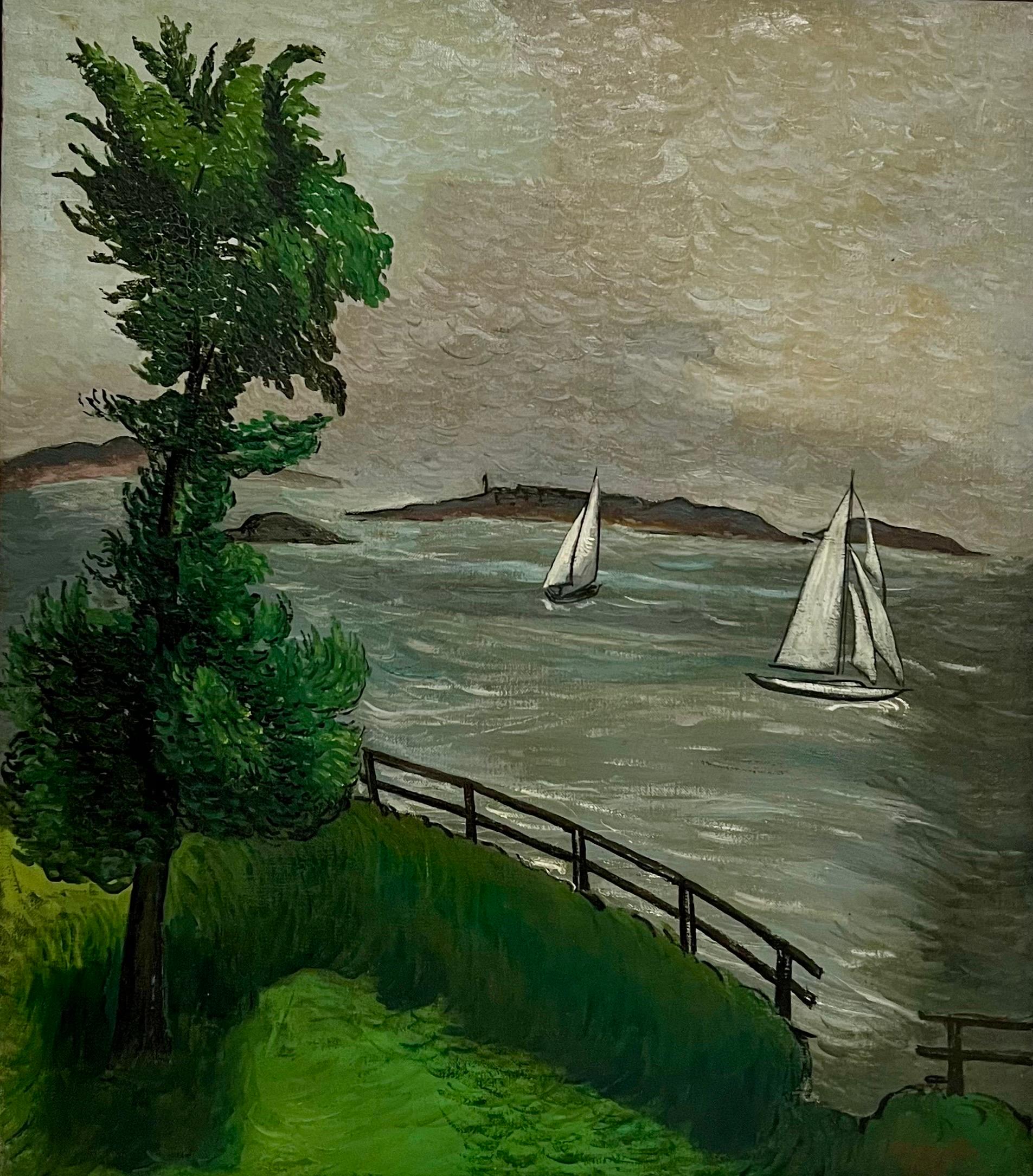 1930 Oil Painting Sea Side Sailboats American Modernist WPA Artist Morris Kantor For Sale 1