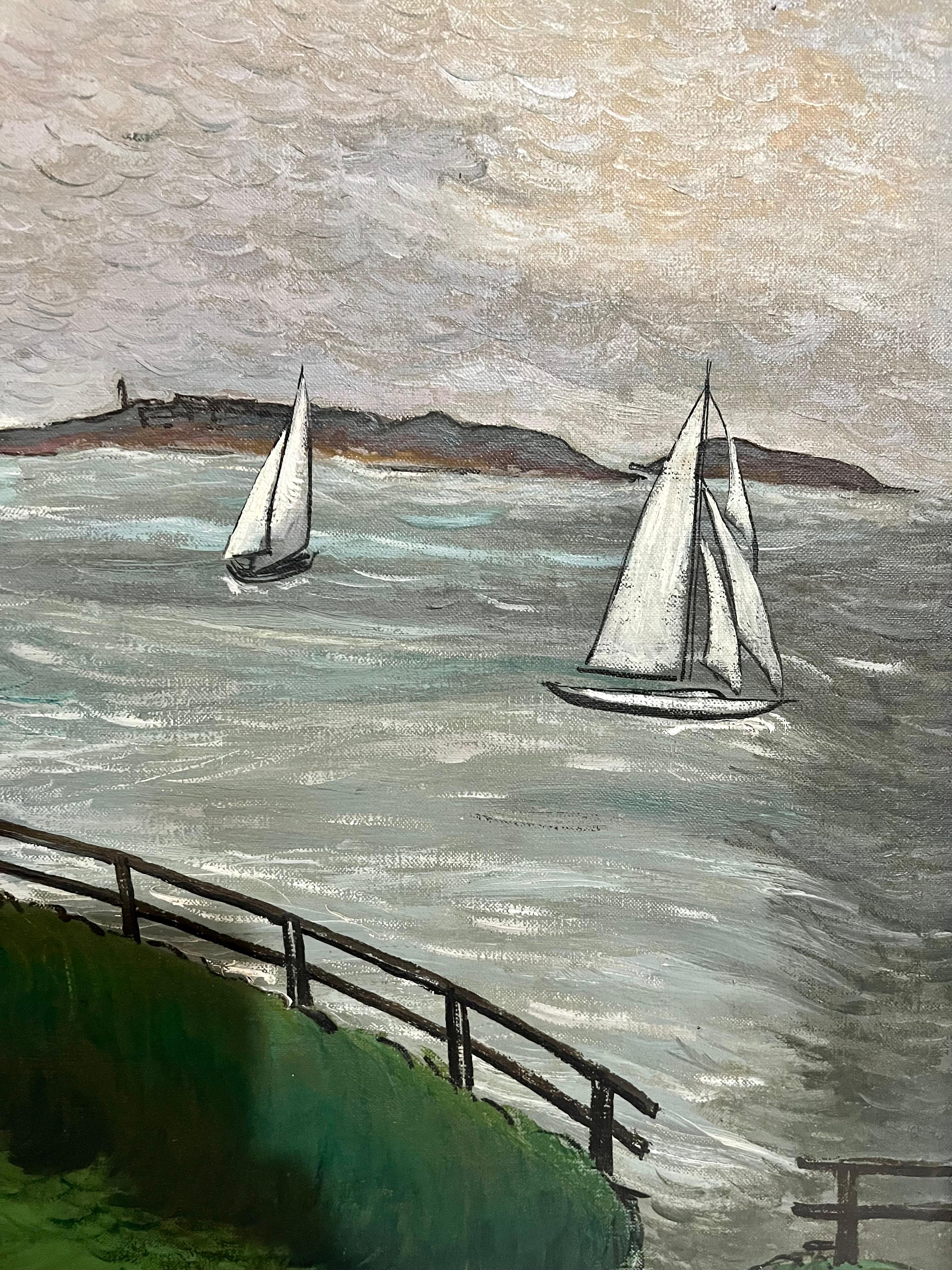 1930 Oil Painting Sea Side Sailboats American Modernist WPA Artist Morris Kantor For Sale 2