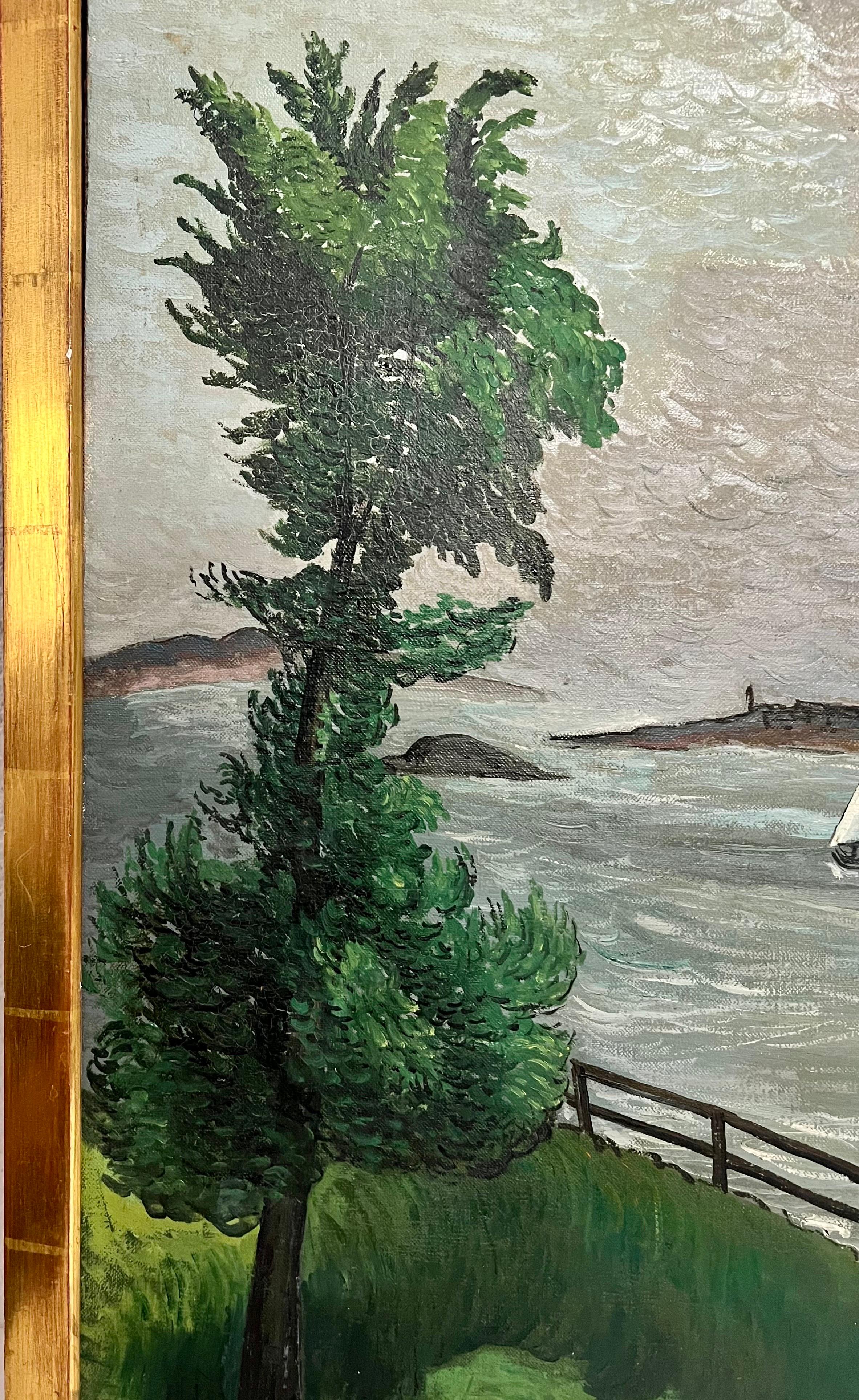 1930 Oil Painting Sea Side Sailboats American Modernist WPA Artist Morris Kantor For Sale 3