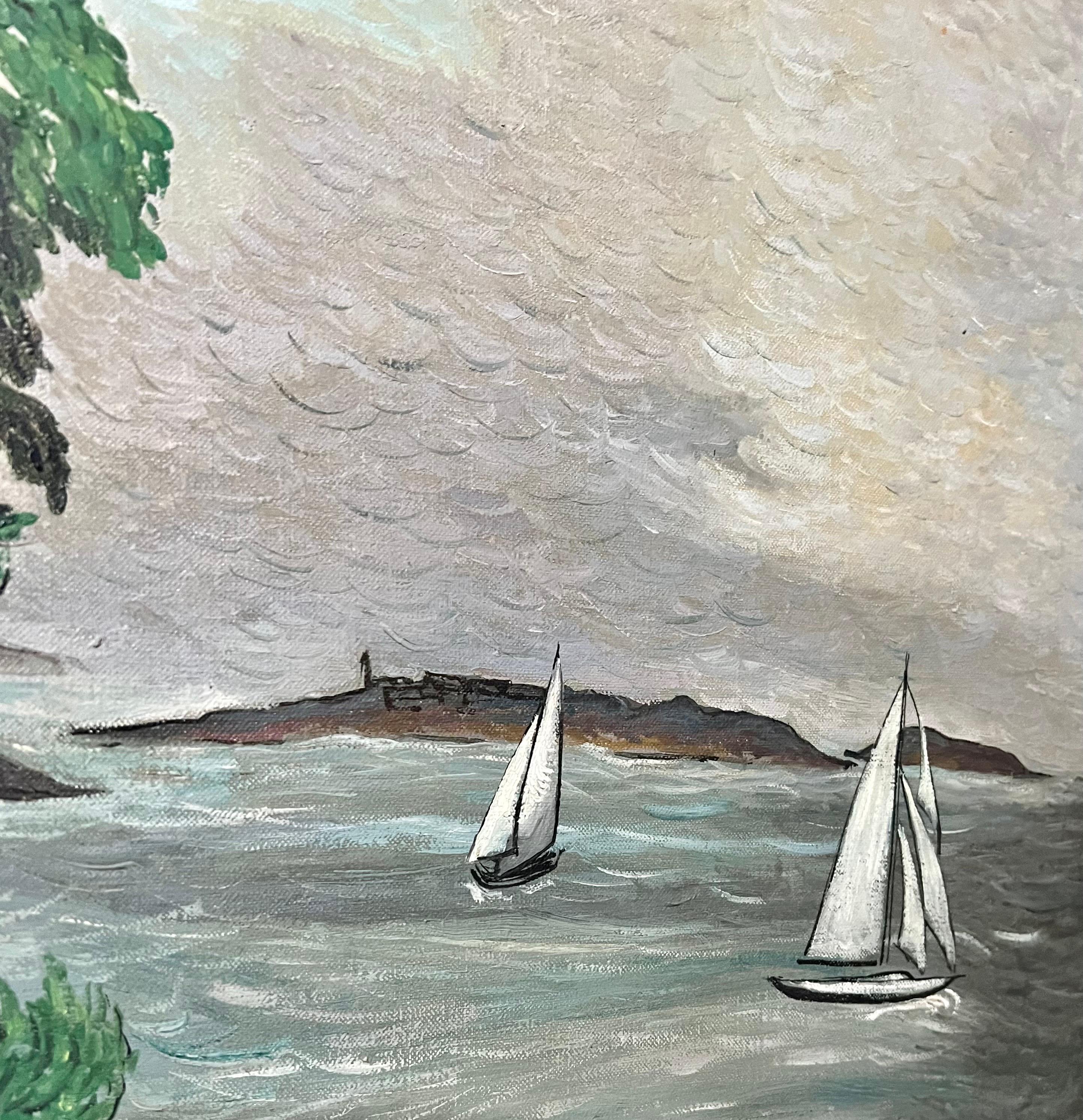 1930 Oil Painting Sea Side Sailboats American Modernist WPA Artist Morris Kantor For Sale 5