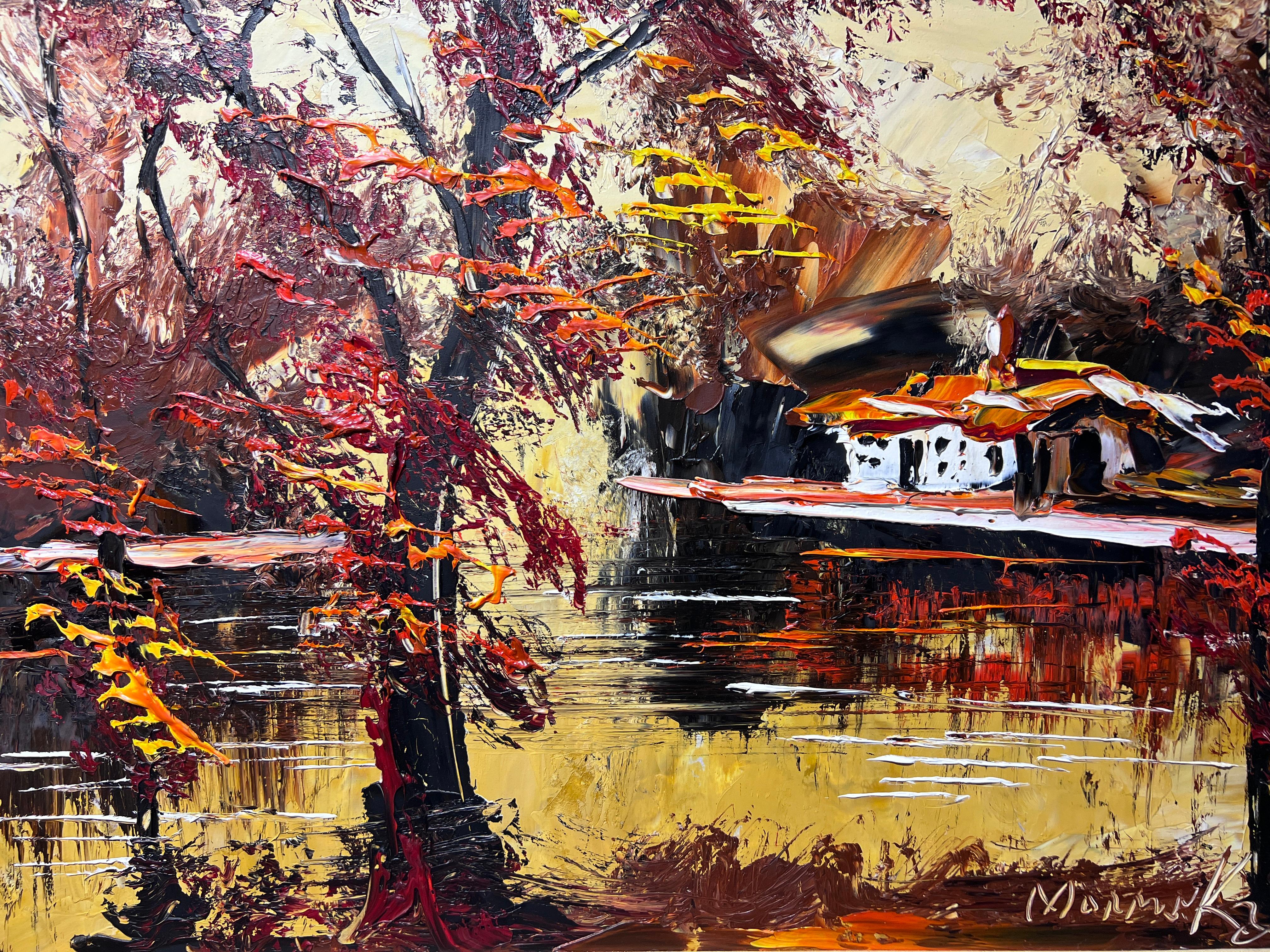 Artista americano Morris Katz Grande dipinto su tavola, Paesaggio d'autunno, firmato 2