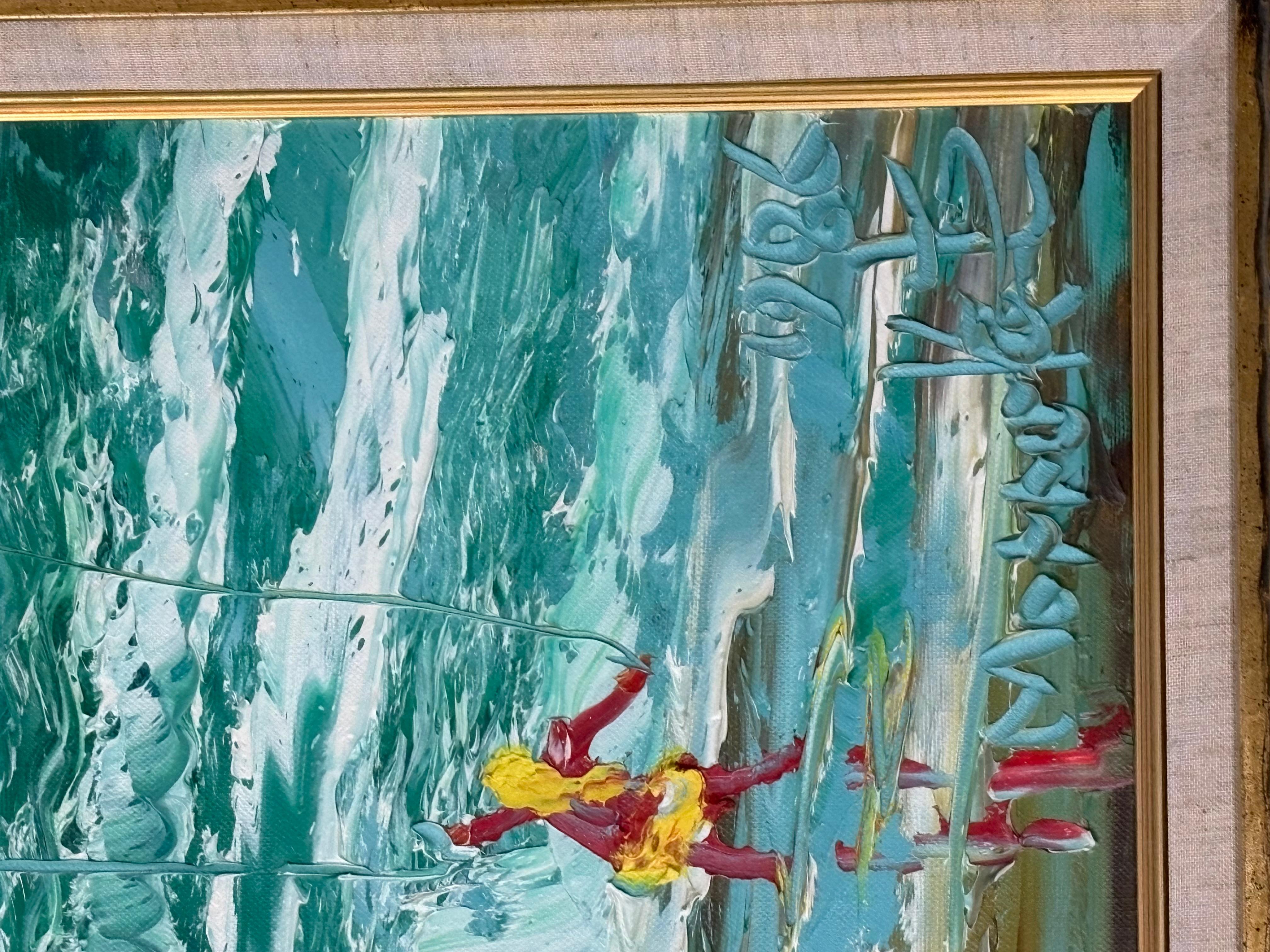 Morris Katz oil painting on board titled flying kites at the beach  signed right corner bottom painting size 24 x 20 
Frame 30 x 24 painting great condition frame has wear 