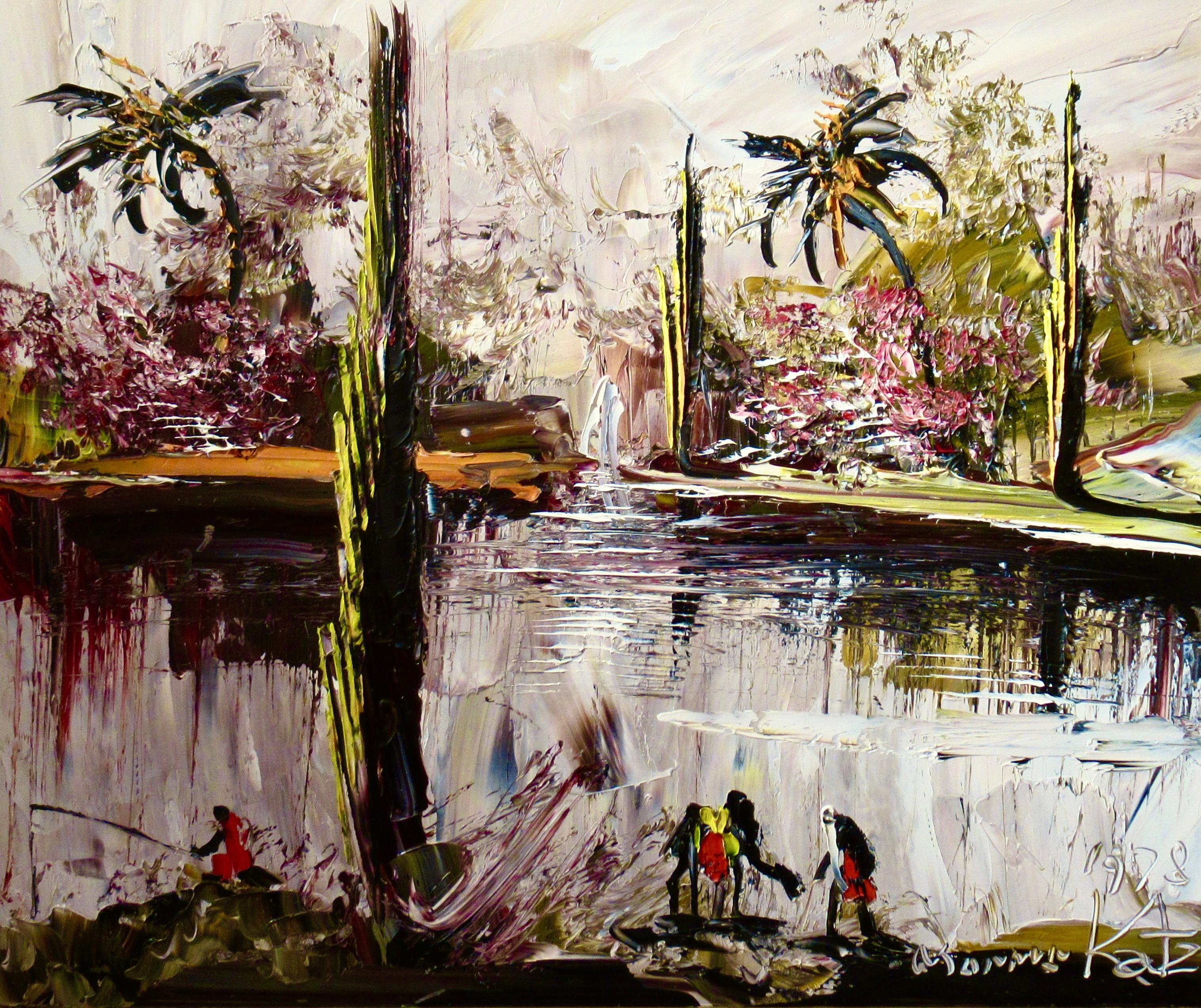 Landscape with people fishing - Painting by Morris Katz