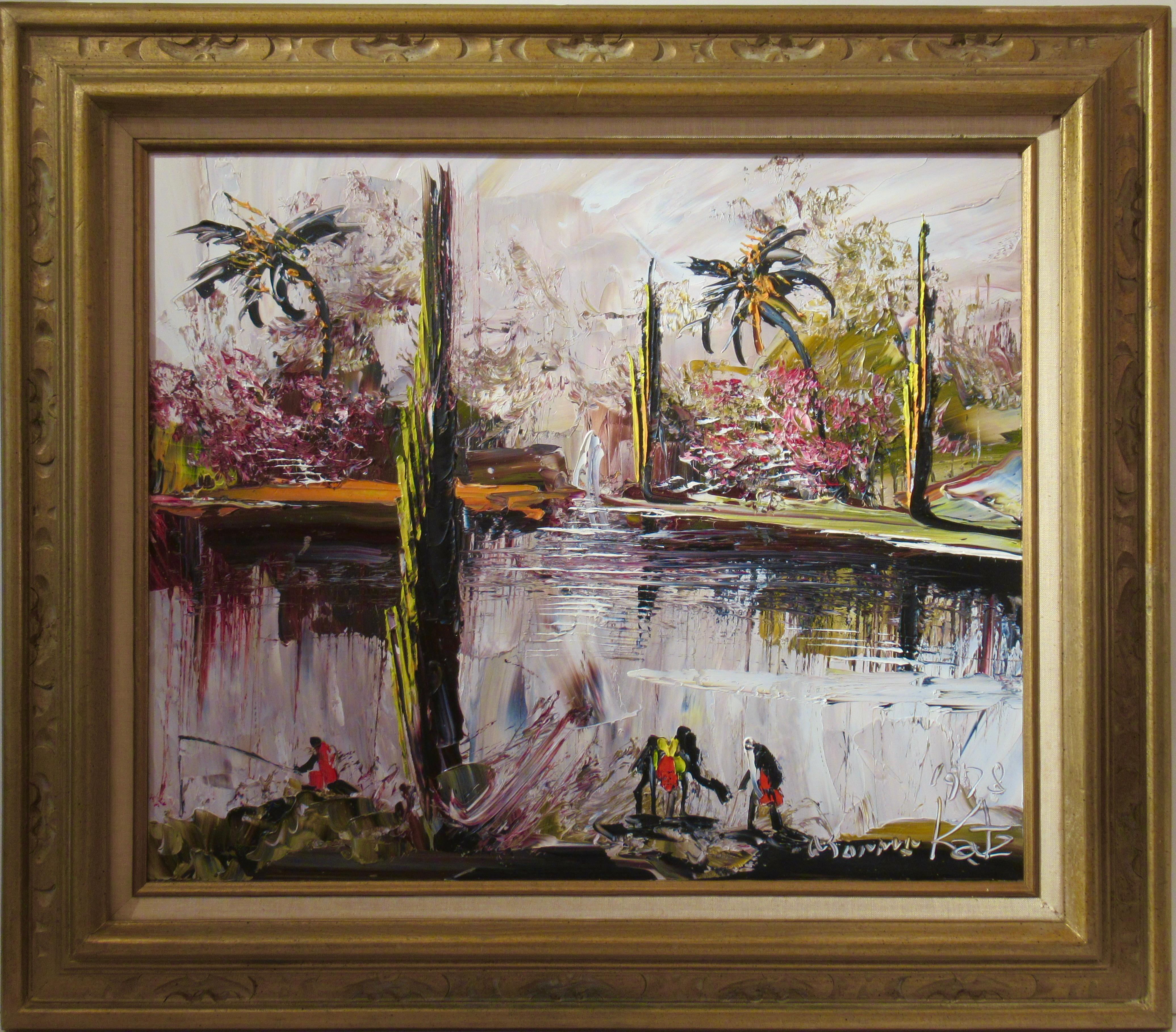 Morris Katz Landscape Painting - Landscape with people fishing