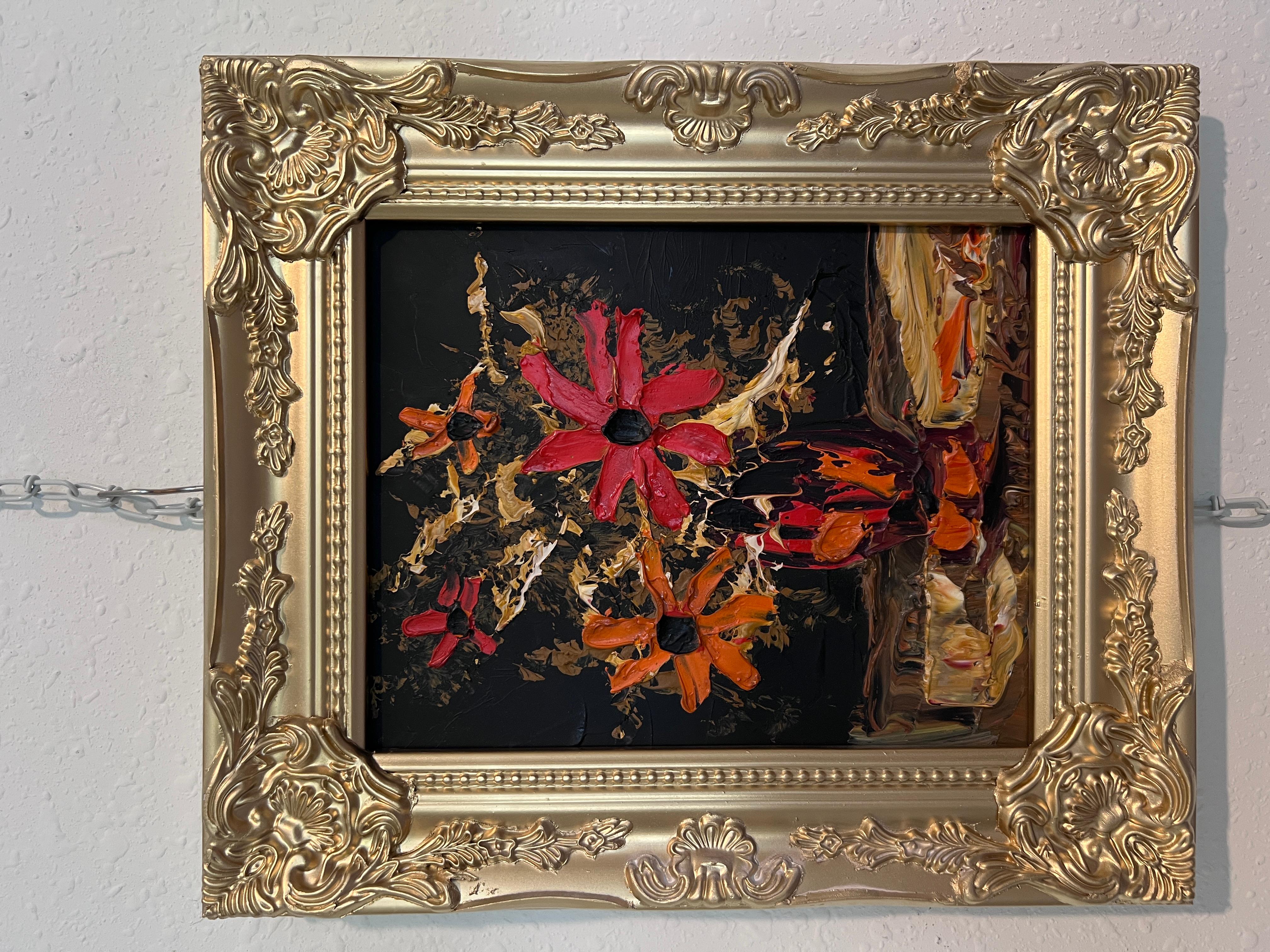 Morris Katz Floral Still Life Oil Painting Palette Knife Technique Gold Frame For Sale 1