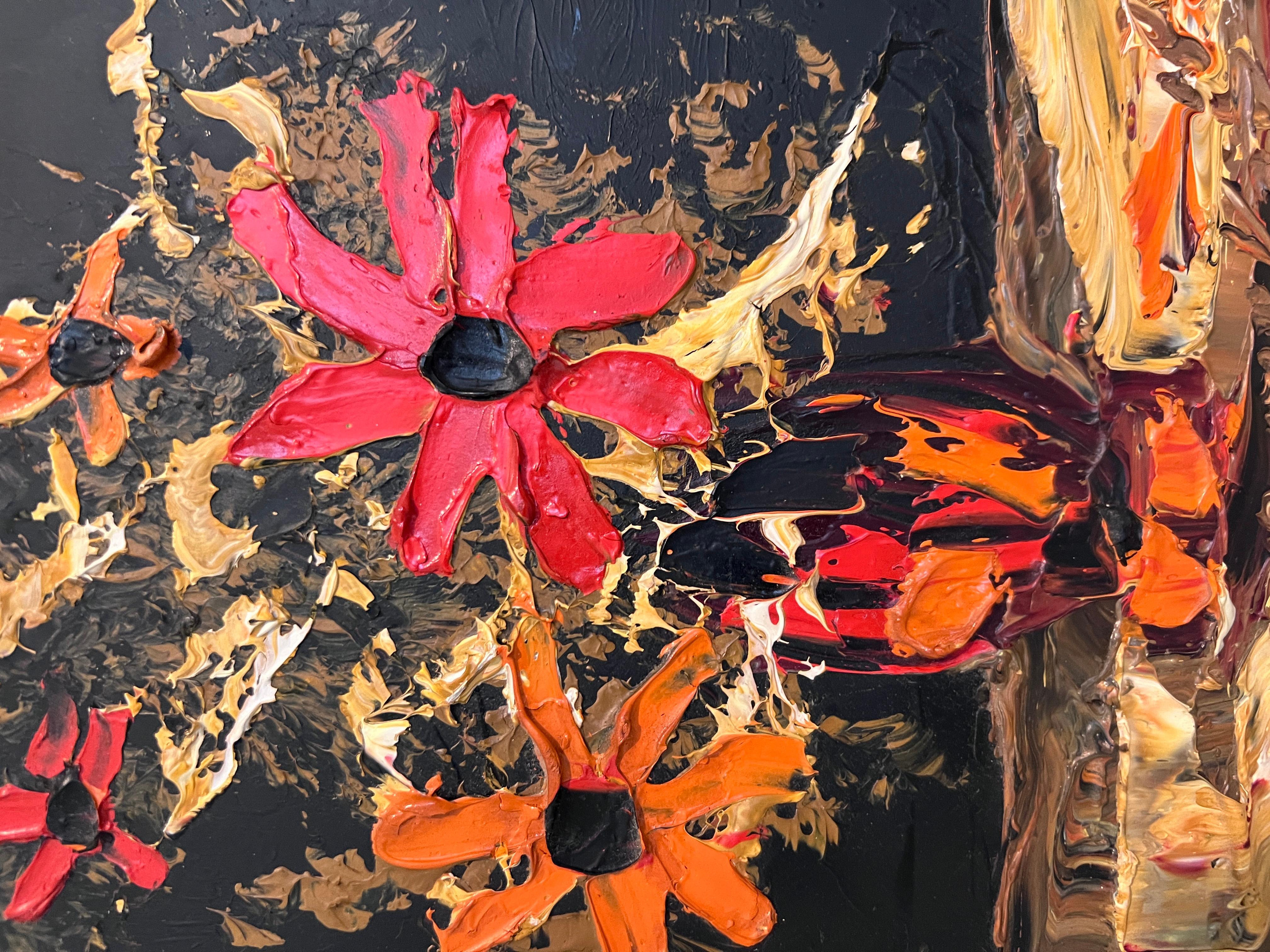 Morris Katz Floral Still Life Oil Painting Palette Knife Technique Gold Frame For Sale 2