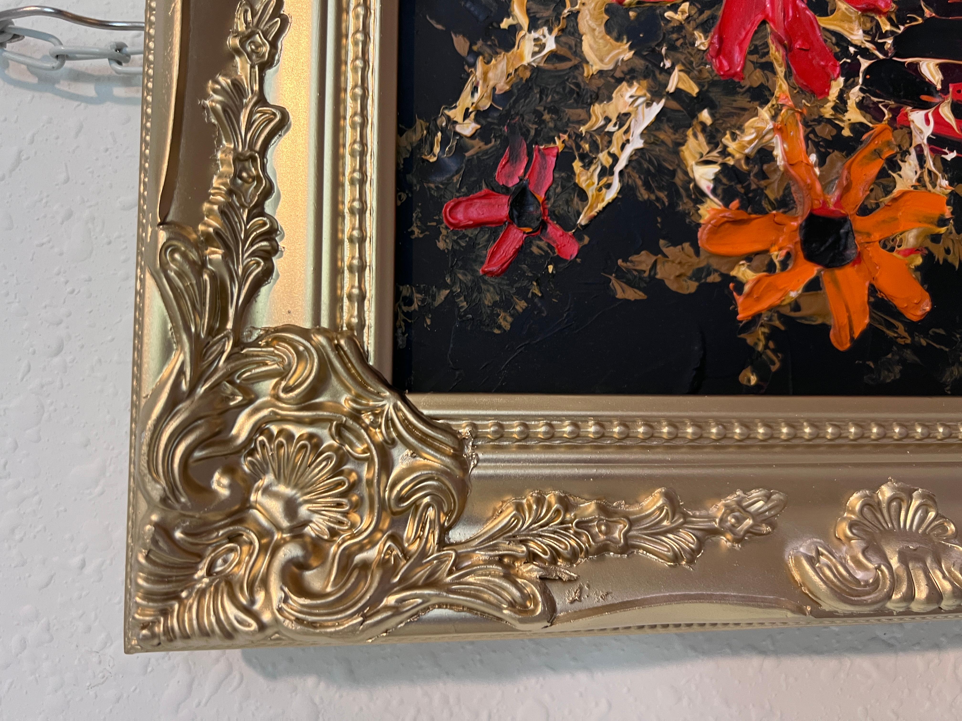 Morris Katz Floral Still Life Oil Painting Palette Knife Technique Gold Frame For Sale 4