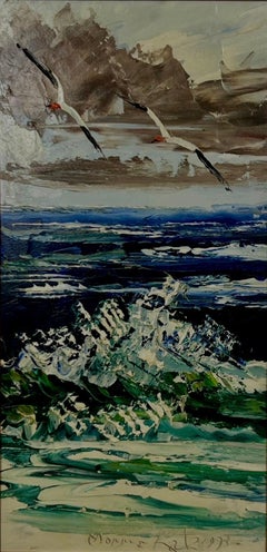 Morris Katz Seascape with Seagulls Textured Oil in Silver Frame, Signed 1973