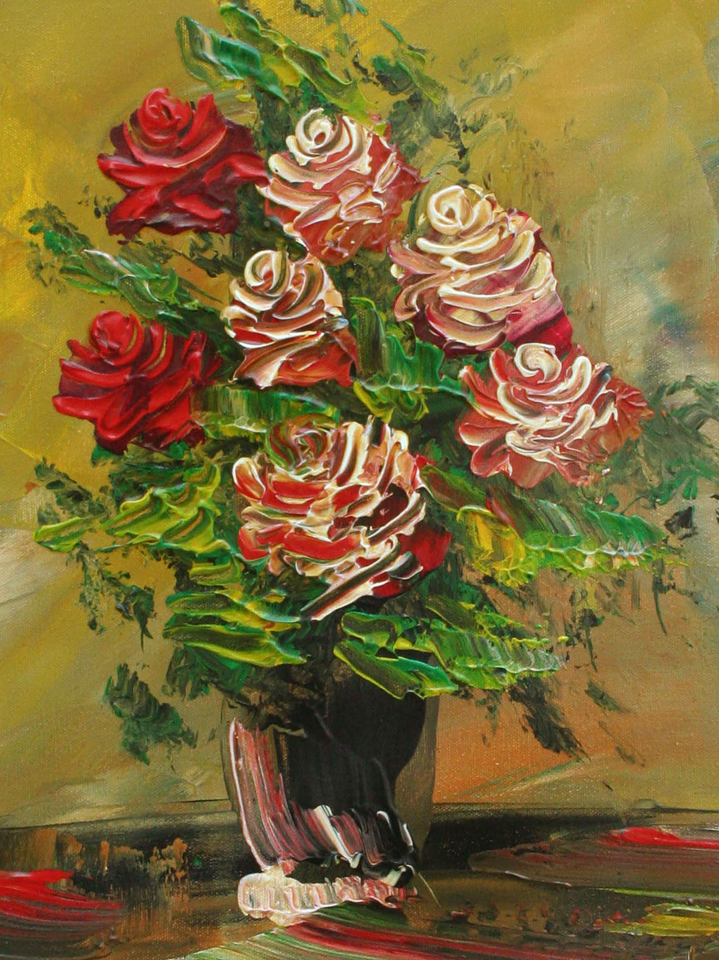 Rote Rosen, Impasto-Blumenstillleben des späten 20. Jahrhunderts, Plattenbrecher Künstler (Zeitgenössisch), Painting, von Morris Katz