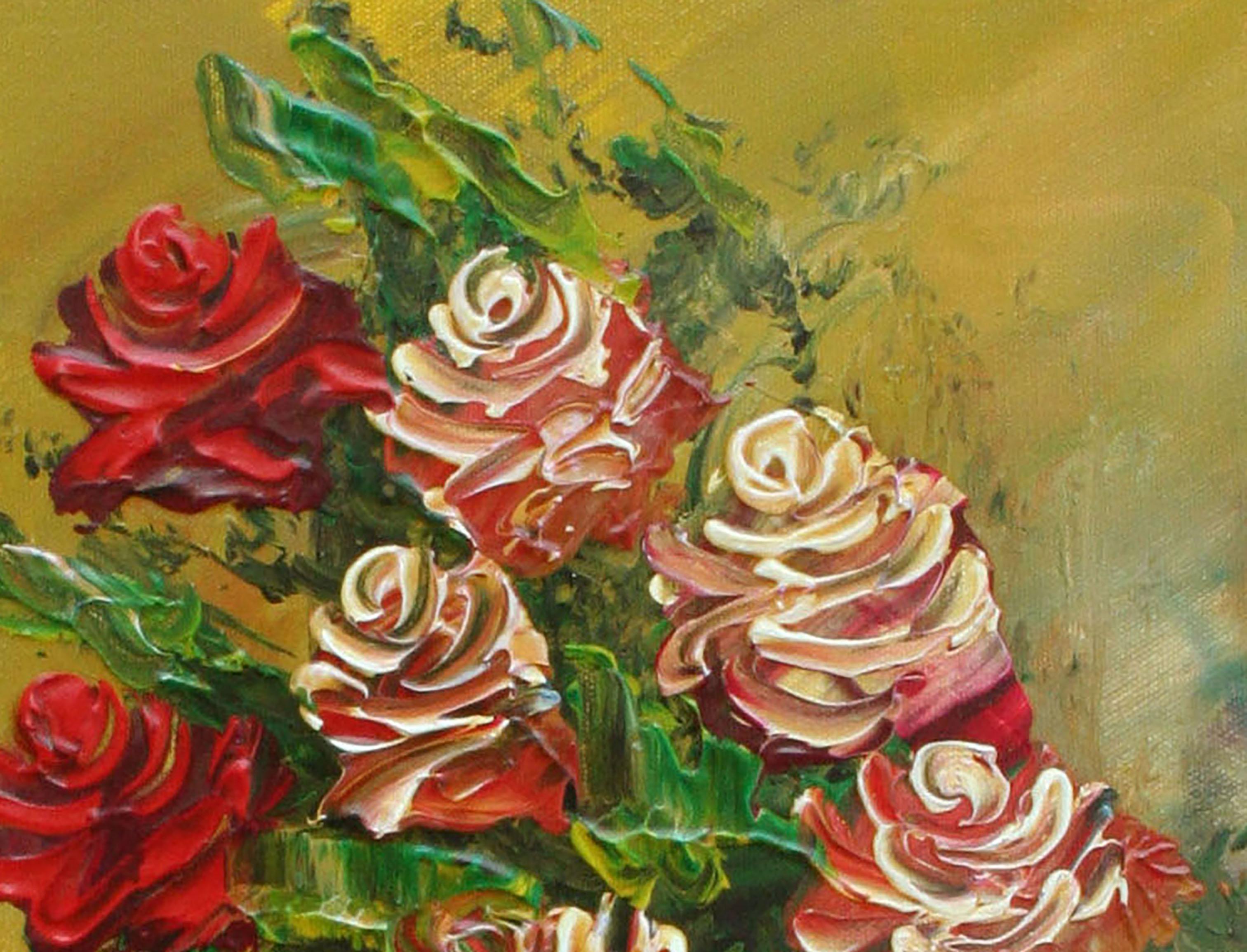 Rote Rosen, Impasto-Blumenstillleben des späten 20. Jahrhunderts, Plattenbrecher Künstler (Braun), Interior Painting, von Morris Katz