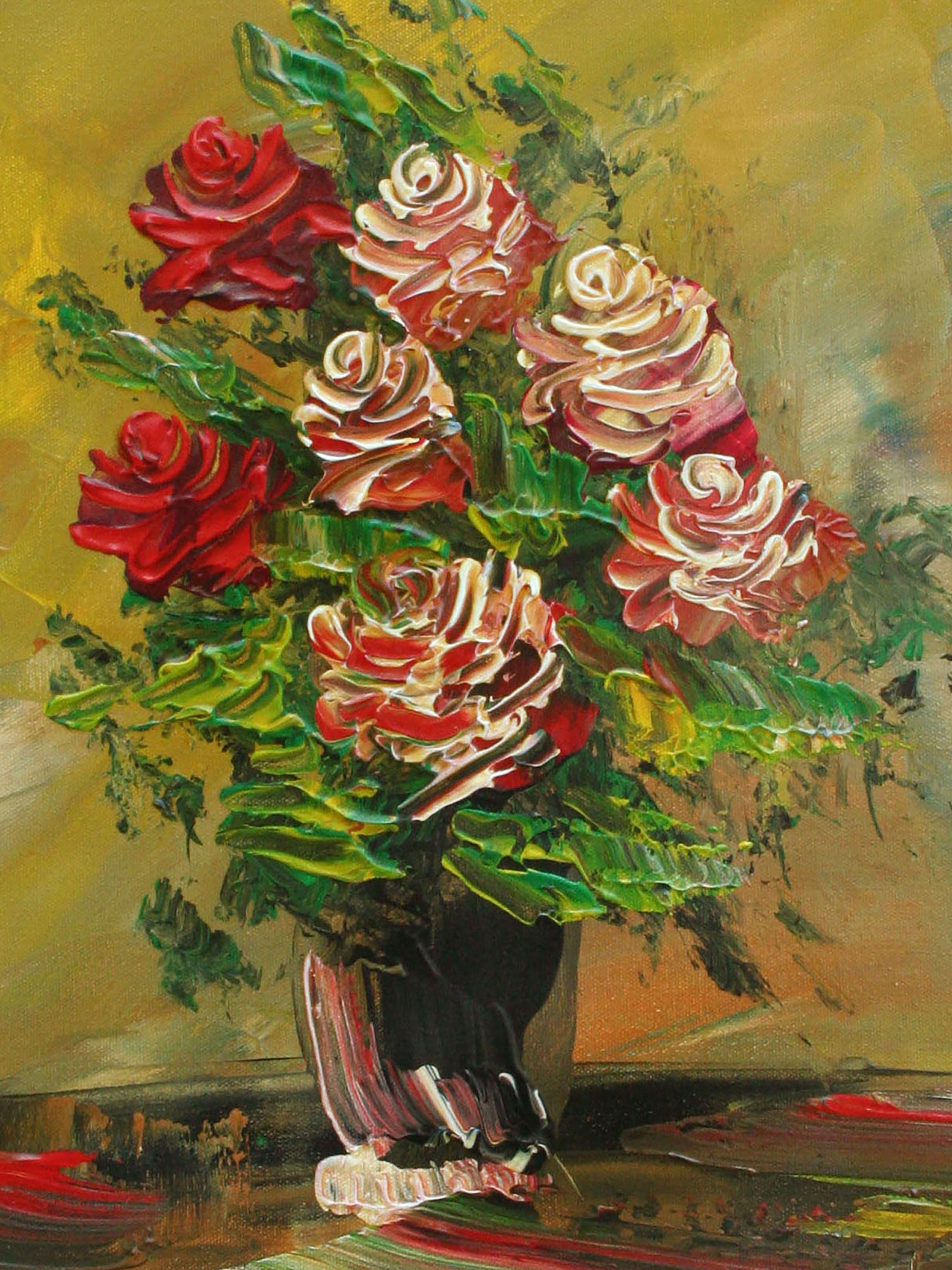 Rote Rosen, Impasto-Blumenstillleben des späten 20. Jahrhunderts, gebrochener Künstler (Moderne), Painting, von Morris Katz