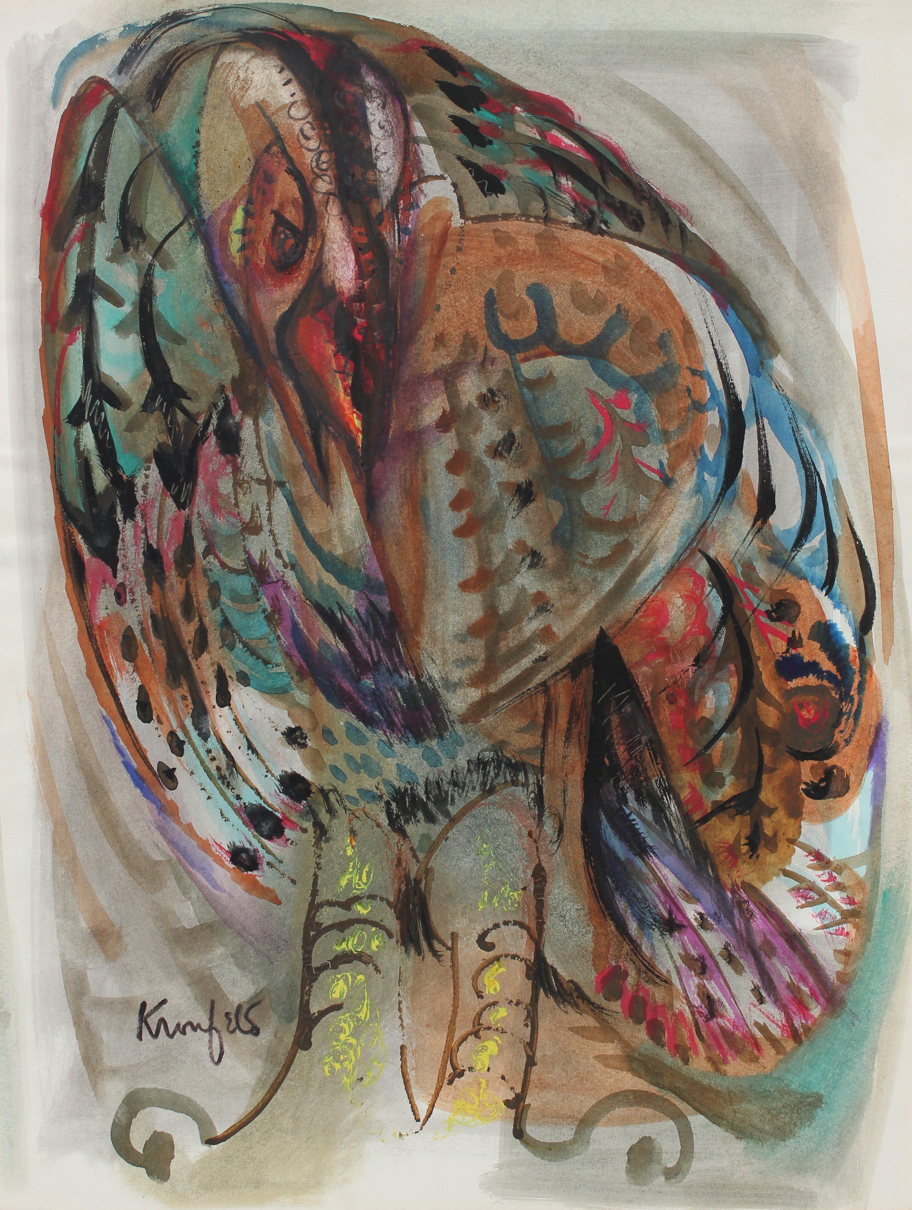 Morris Kronfeld Animal Painting - Colorful Abstracted Gestural Birds 1970-80s Gouache Painting