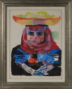 Colorful Portrait of Fruit Seller 1960-70s Gouache Painting