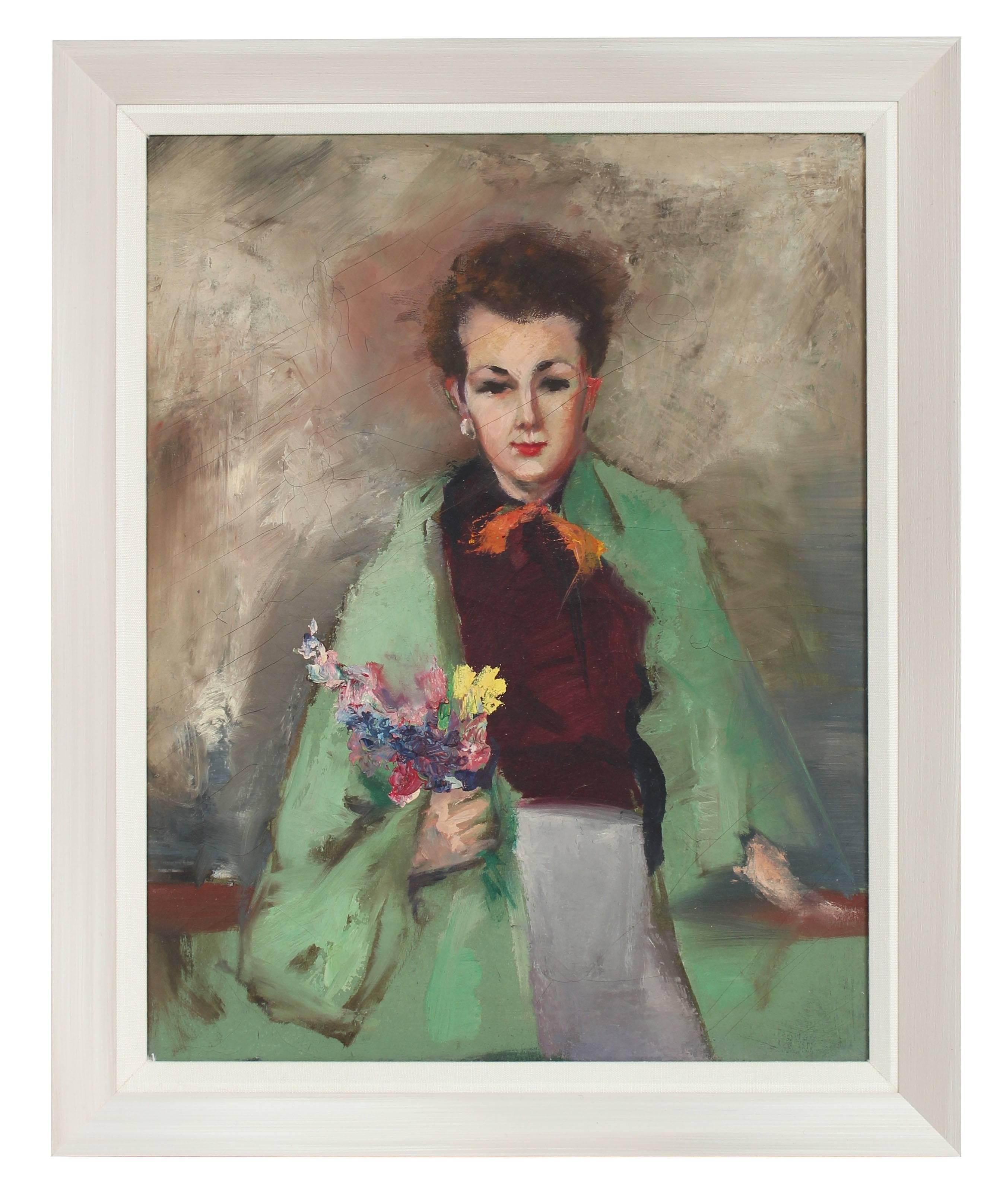 Morris Kronfeld Portrait Painting - Mid Century Portrait of a Woman in Green, Oil on Canvas Painting