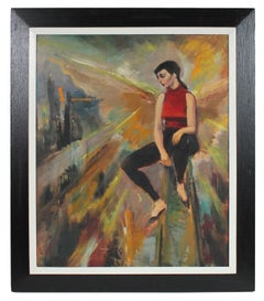 Modernist Portrait of a Woman in Red & Black, Oil Painting, Mid 20th Century