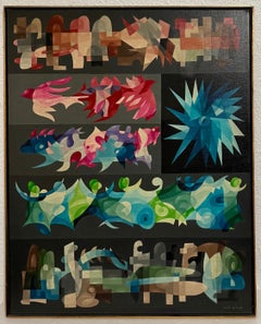 Grande pittura ad olio astratta israeliana degli anni '50 di stile moderno, cubista, di Morris Lazar