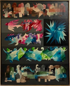 Gran cuadro al óleo abstracto modernista israelí de los años 50 cubista Morris Lazar