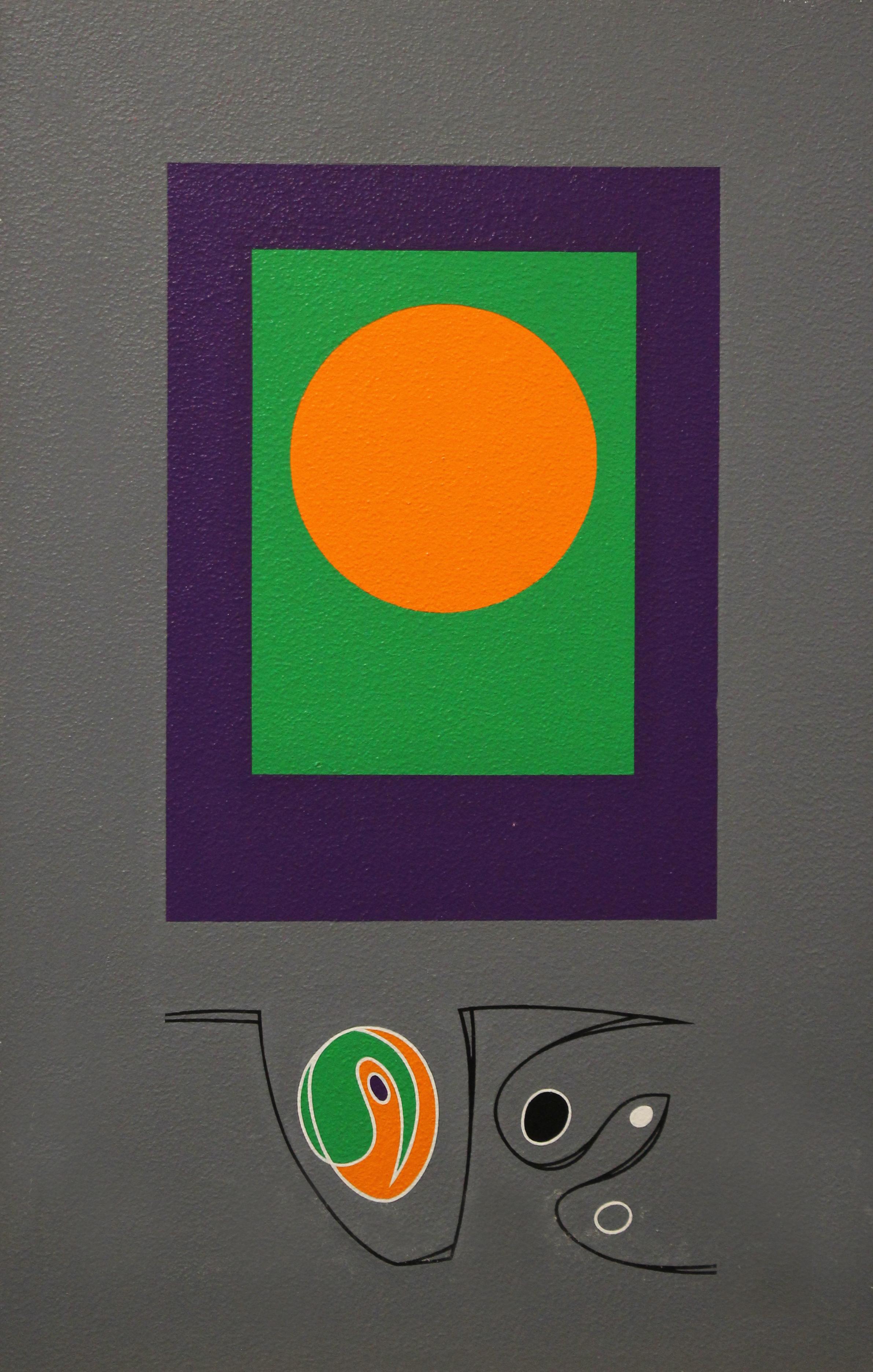 Paar geometrische abstrakte Gemälde, orangefarbener Punkt auf Schwarz und Grau, Künstler aus Philadelphia – Painting von Morris Lewis Blackman