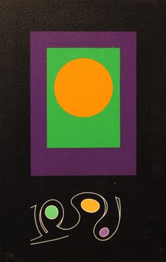 Paar geometrische abstrakte Gemälde, orangefarbener Punkt auf Schwarz und Grau, Künstler aus Philadelphia
