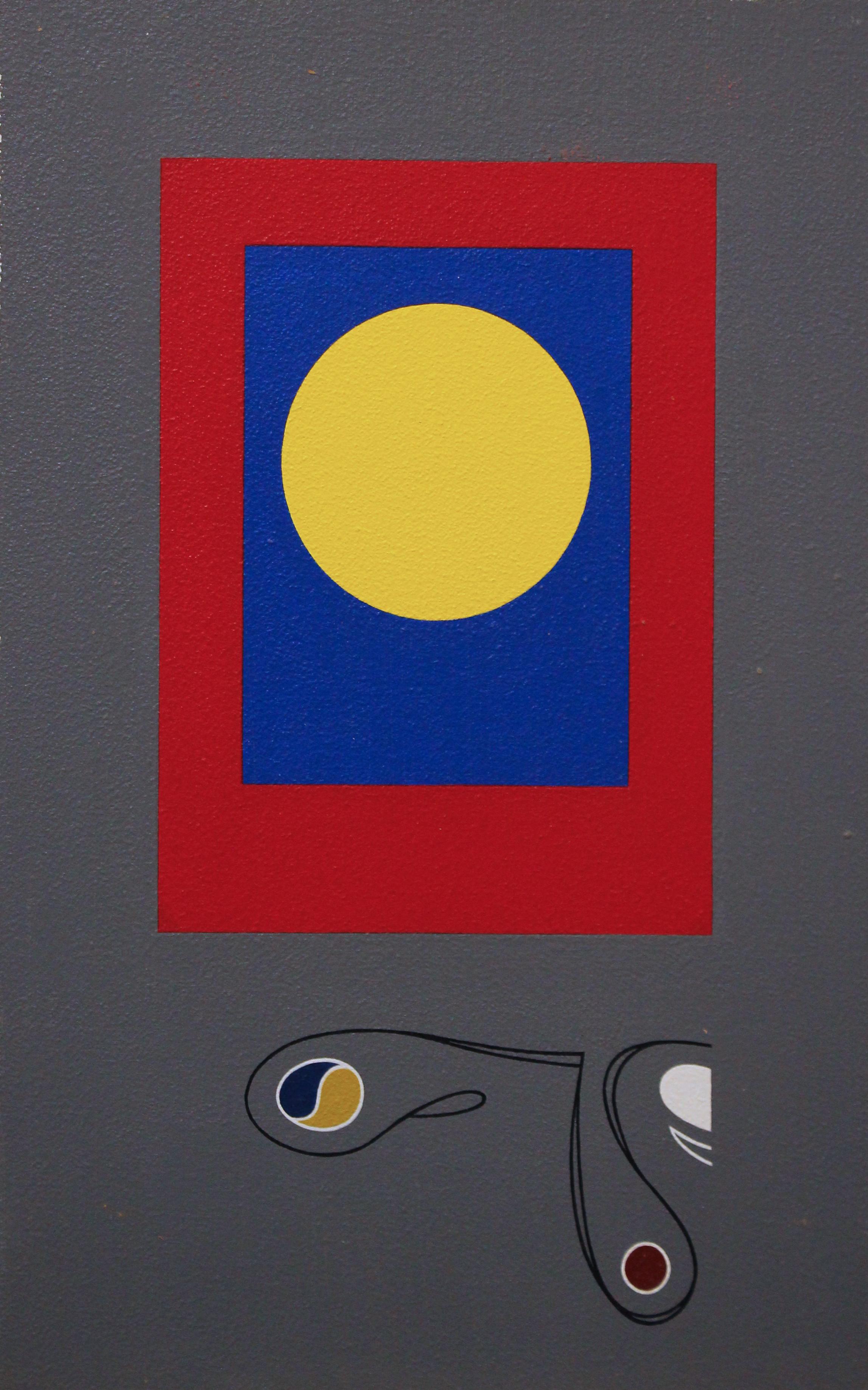 Morris Lewis Blackman Abstract Painting – Paar geometrische abstrakte Gemälde, gelbe Punkt auf Schwarz und Grau, Künstler aus Philadelphia