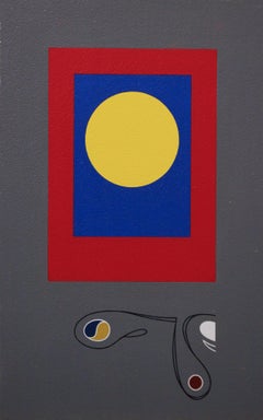 Paire d'abstraits géométriques, Dot Dot jaune sur noir et gris, artiste de Philadelphie