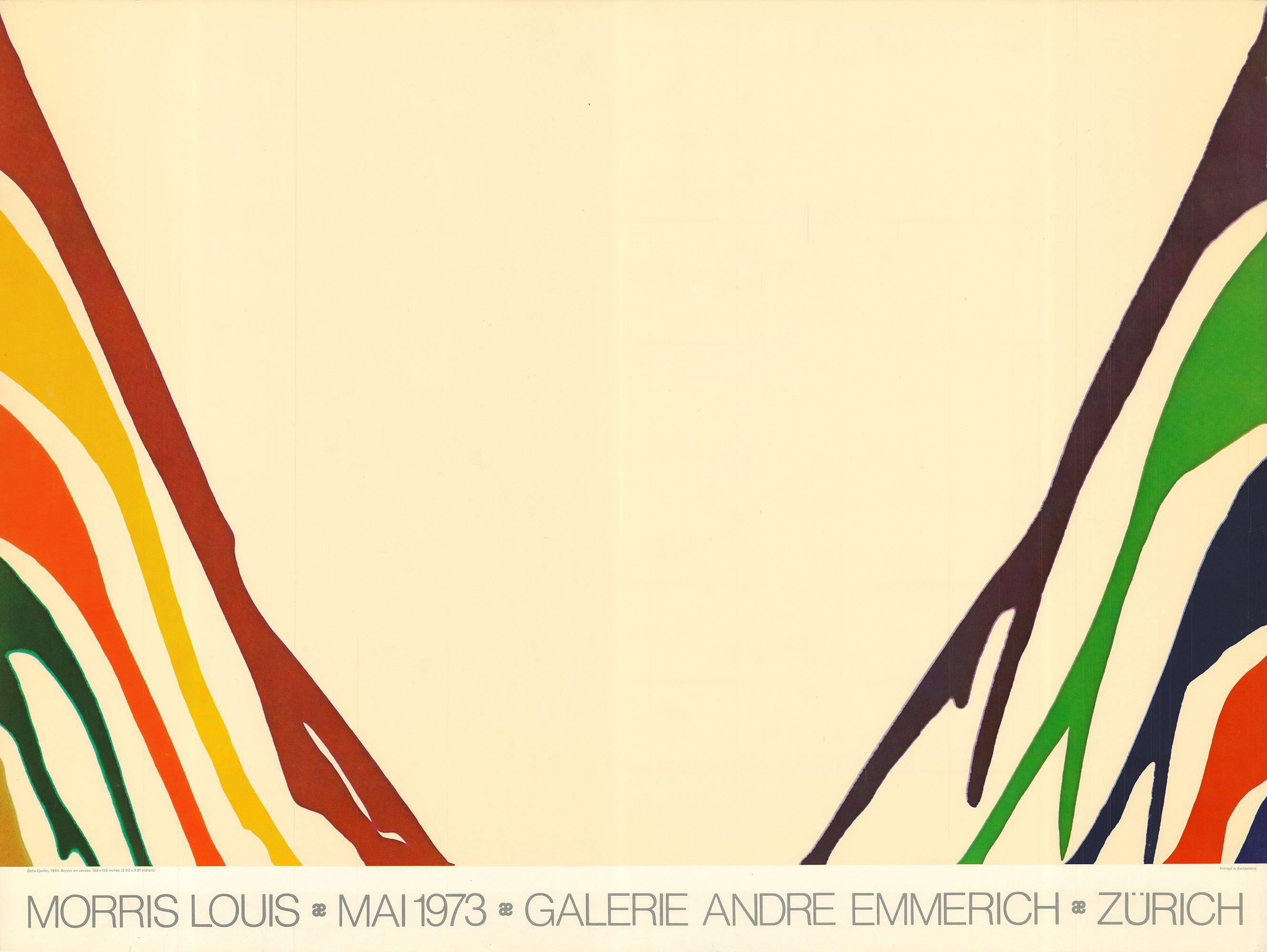 This 1973 Galerie André Emmerich exhibition poster, featuring Morris Louis’s iconic “Delta Epsilon” imagery, is an important historical document from the height of postwar American abstract painting. Though not in very good condition, the poster