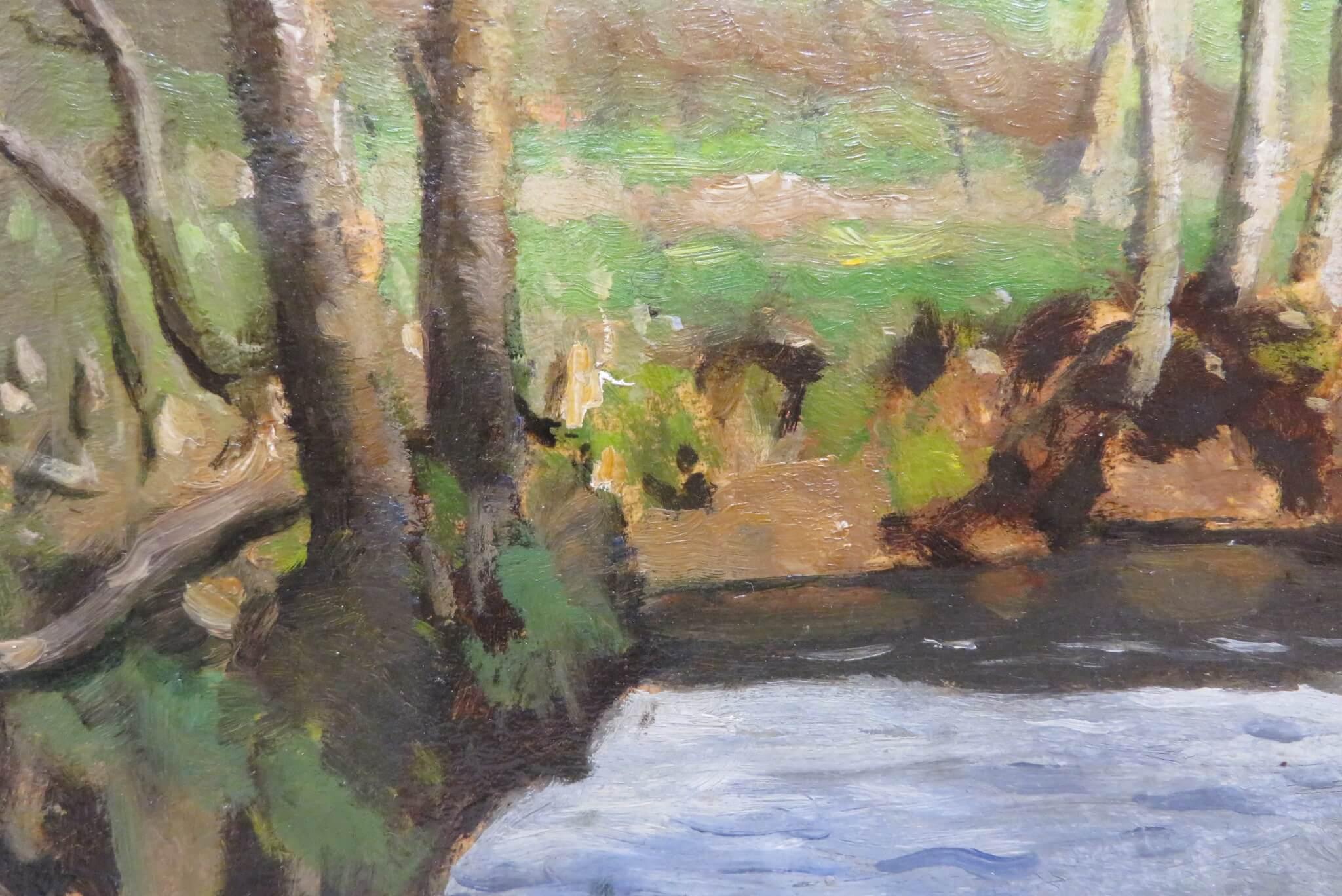 Schönes englisches signiertes Ölgemälde c.1950 River Mole Devon England (Braun), Landscape Painting, von Morris Meredith Williams 
