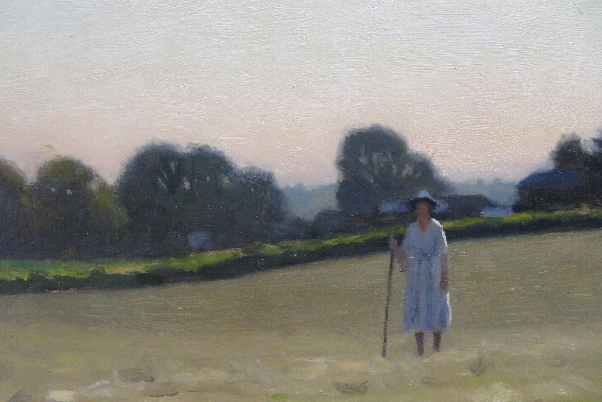 Superbo dipinto a olio originale della metà del XX secolo dell'impressionista gallese FIGURA AL TRAMONTO - Landscape Painting Grigio di Morris Meredith Williams 