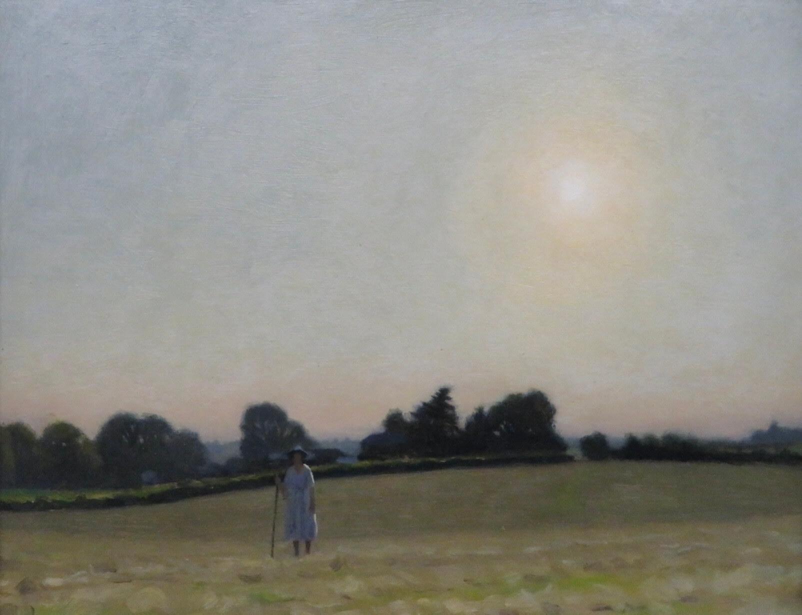 Superbo dipinto a olio originale della metà del XX secolo dell'impressionista gallese FIGURA AL TRAMONTO 1